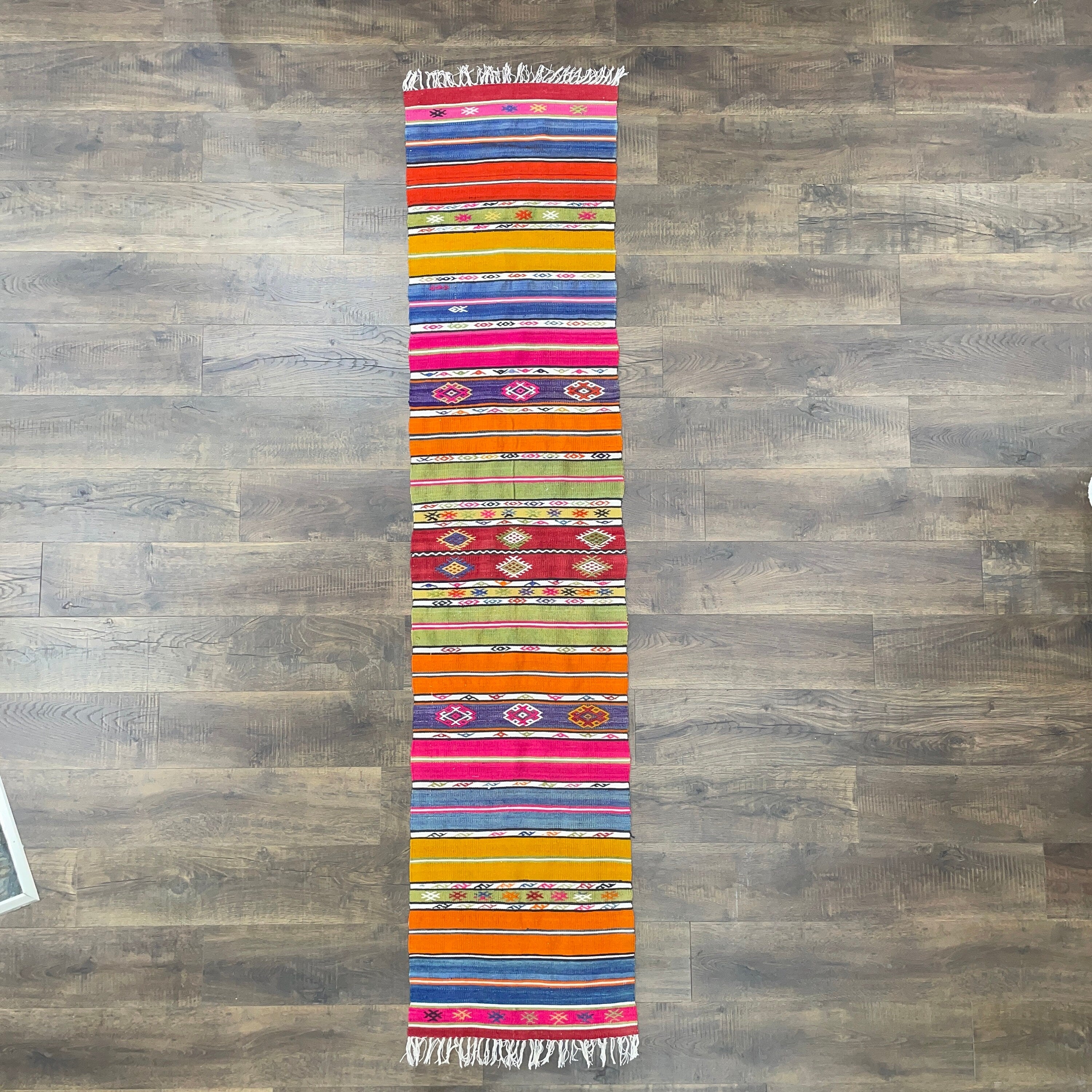 Vintage Turkish Kilim Runner Rug: 8 ft Colorful Wool Flat Weave