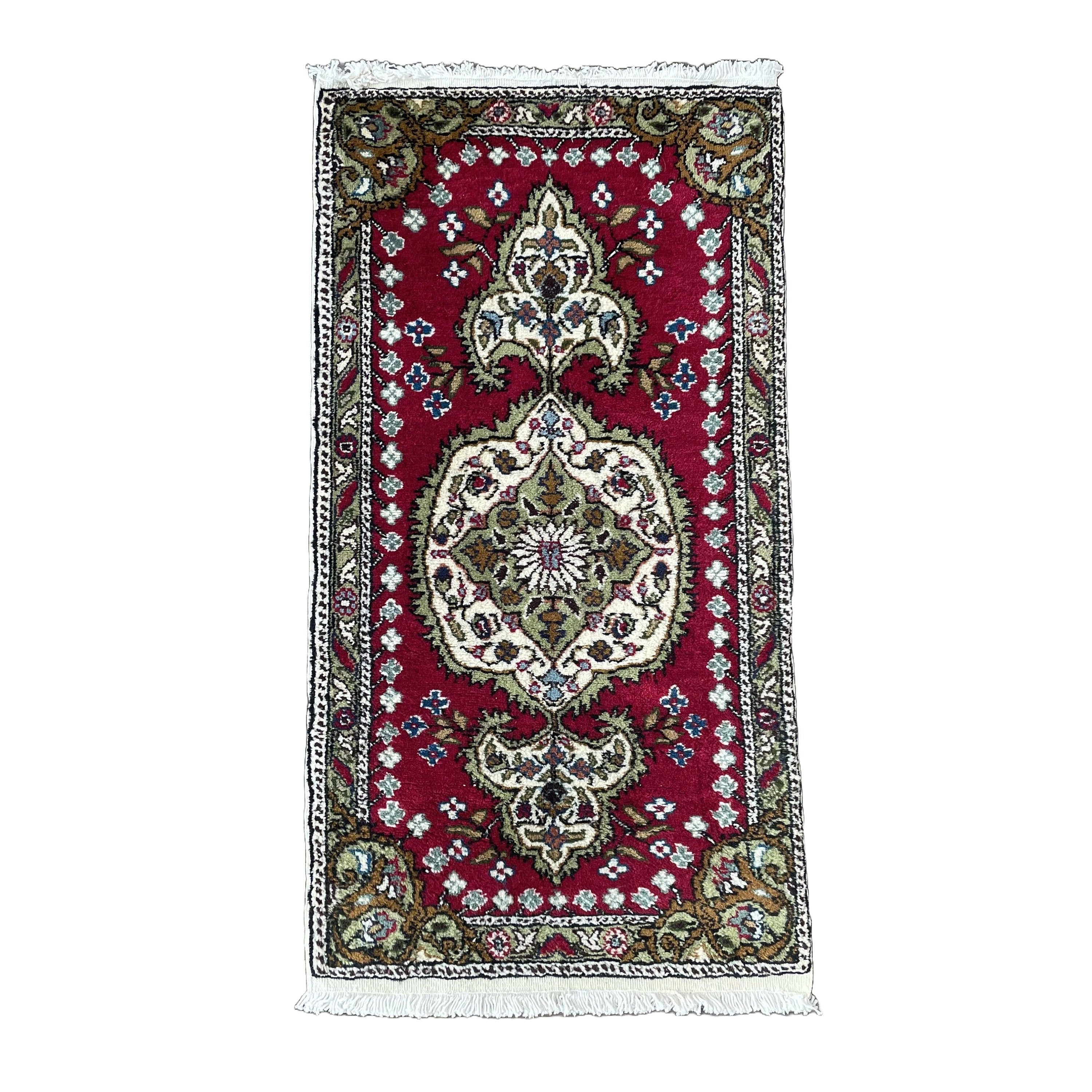 Vintage Hand Knotted Persian Wool Rug: 2x3.5 Red & Green