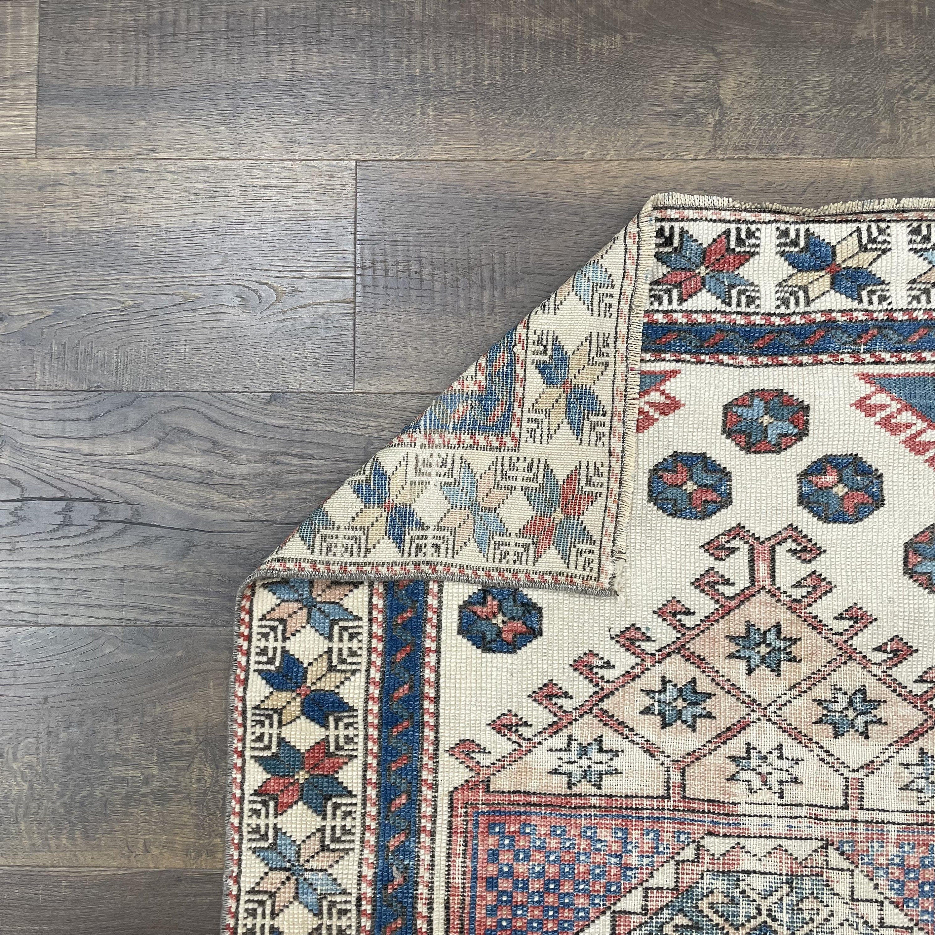 Hand Knotted Wool Rug 3x5: Vintage Distressed Geometric Entryway Rug