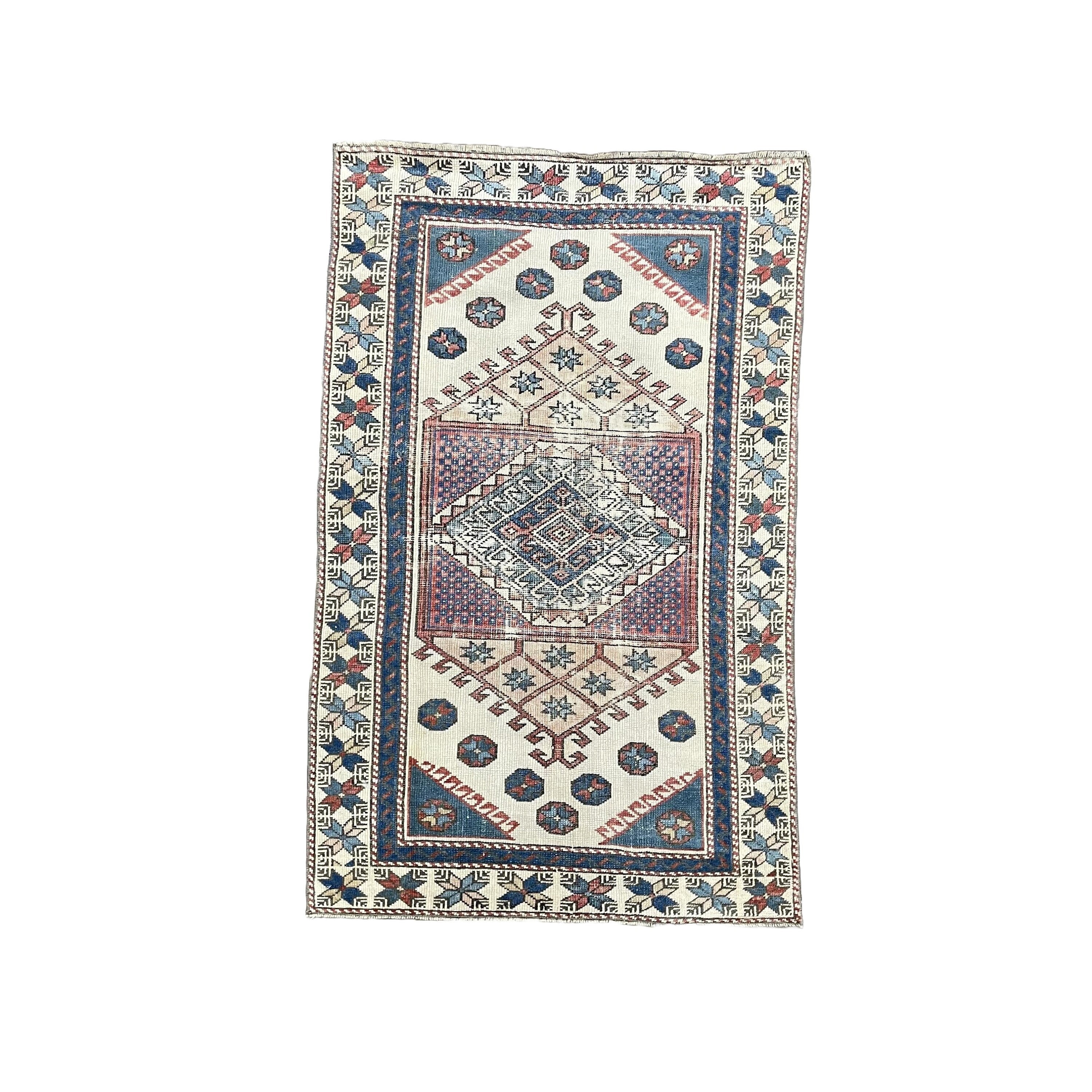 Hand Knotted Wool Rug 3x5: Vintage Distressed Geometric Entryway Rug