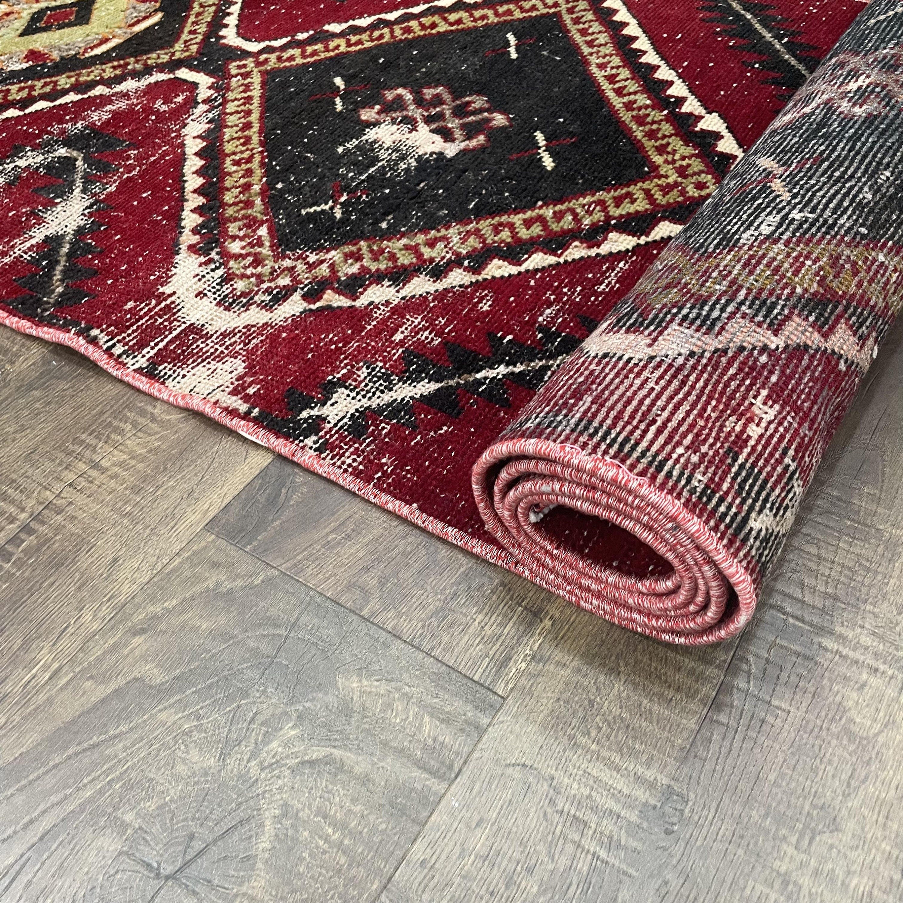 8 ft Turkish Wool Rug Runner: Hand-Knotted Red & Black Diamond Hallway Rug