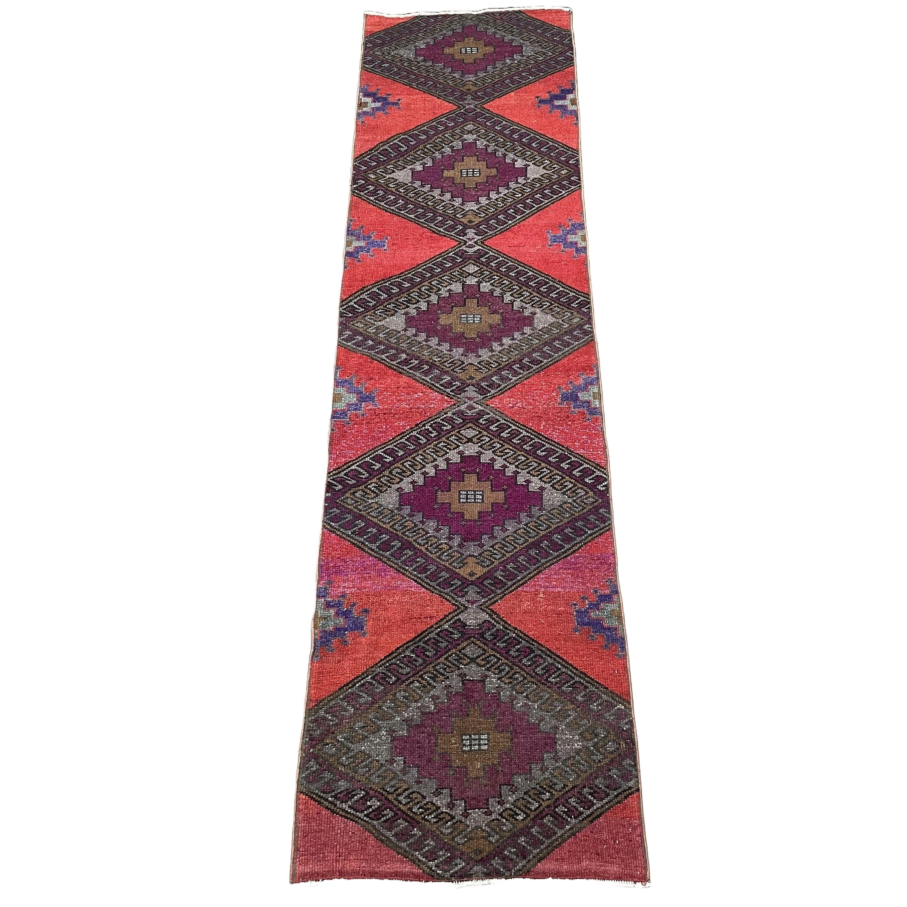 Hand-Knotted Distressed Wool Runner Rug: 3x11.5 ft Boho Chic Medallion Hallway Rug