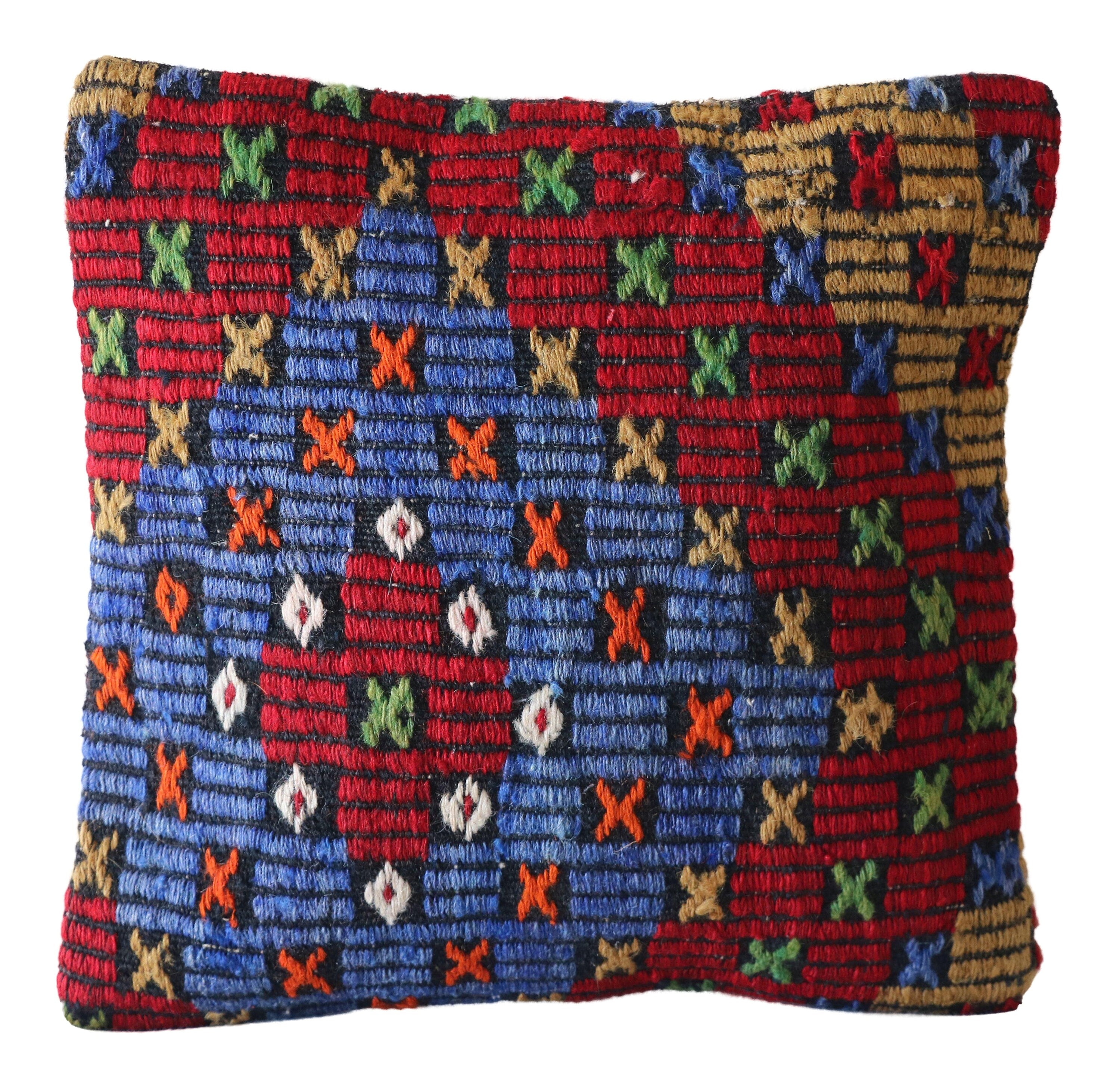 Handmade Turkish Kilim Pillow Cover: Vintage Wool Cotton, 16x16