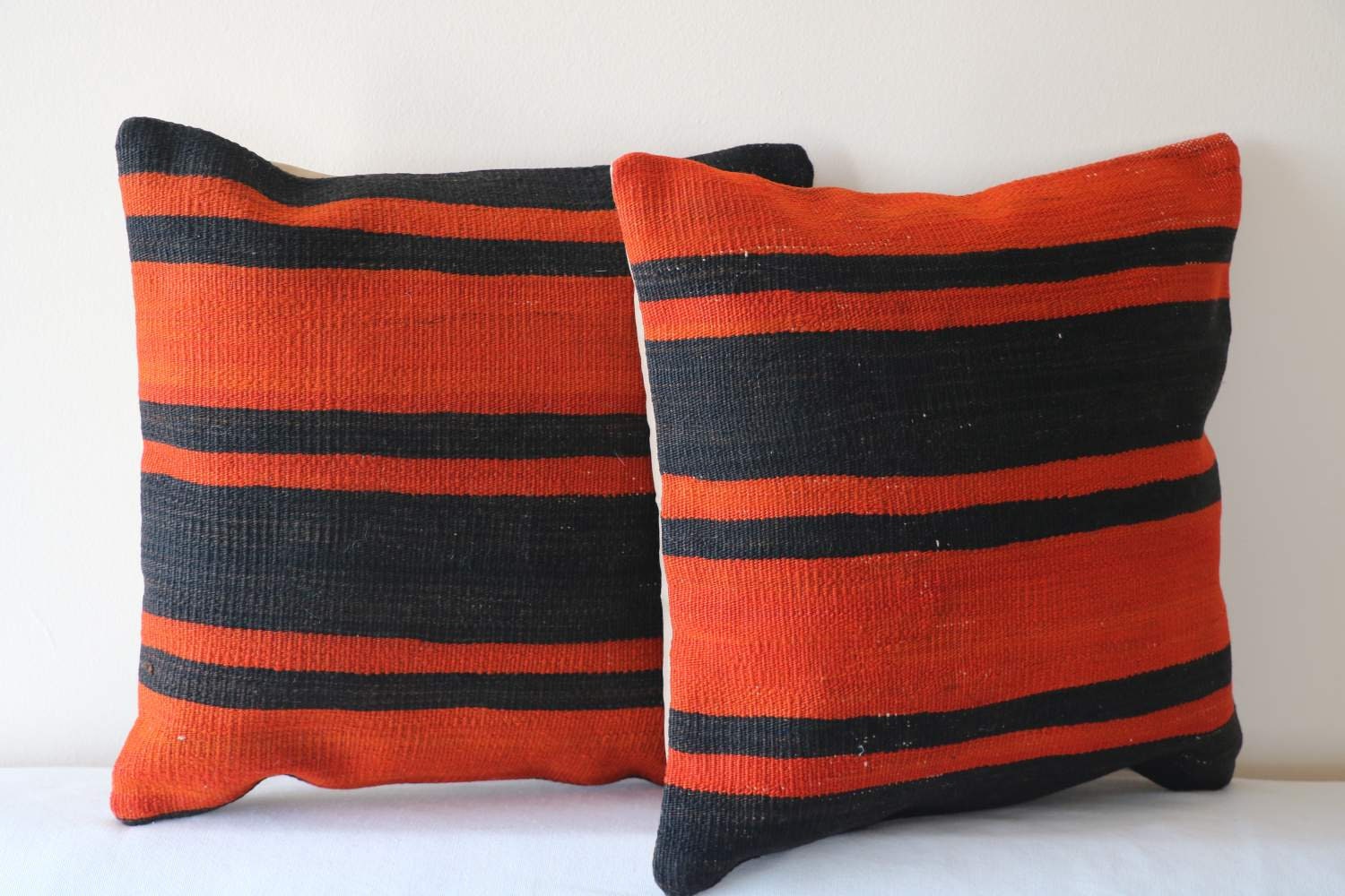 Vintage Kilim Pillow Covers (Set of 2): Striped Wool Pillowcases 16x16
