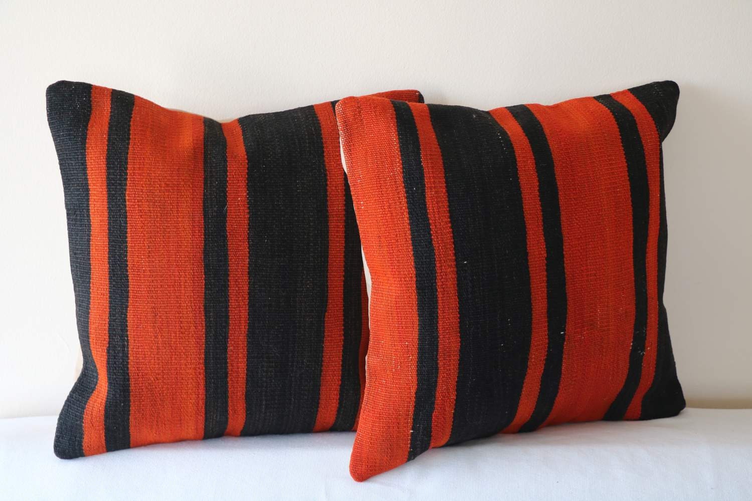 Vintage Kilim Pillow Covers (Set of 2): Striped Wool Pillowcases 16x16