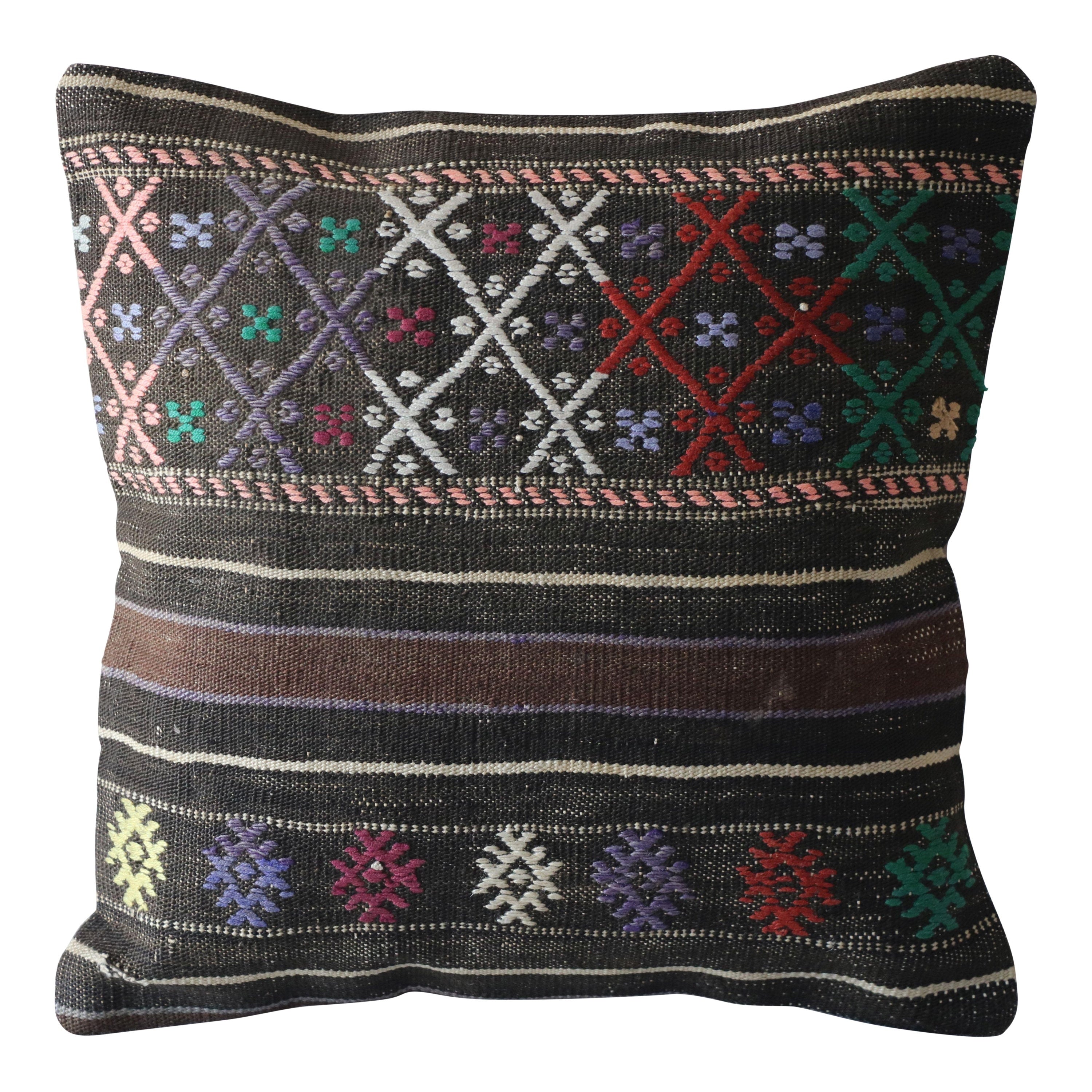 Vintage Kilim Pillow Cover: Handwoven Turkish Wool, 16x16 Inch