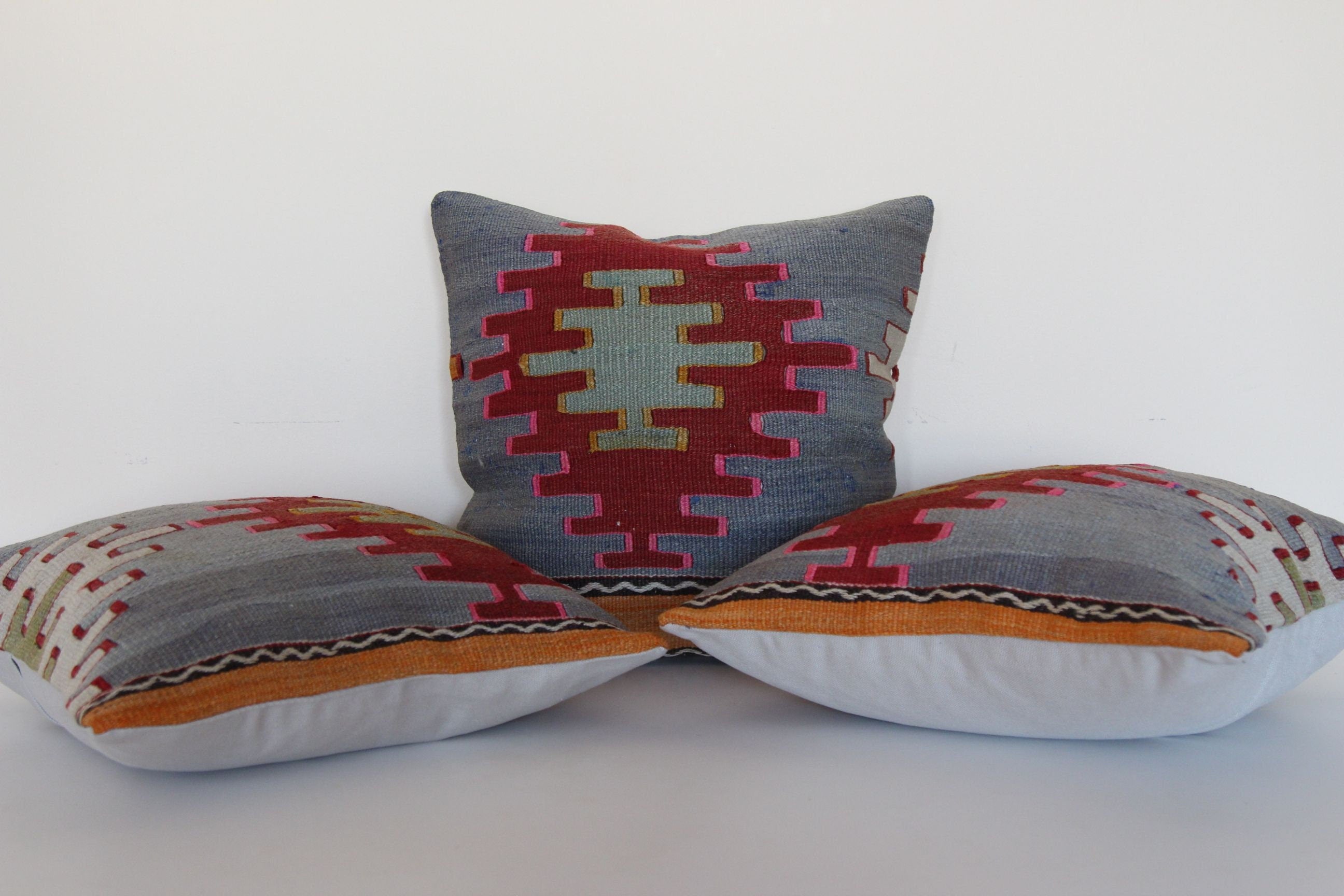 Set of 3 Vintage Kilim Pillow Covers: 16x16 Wool Rug Cases