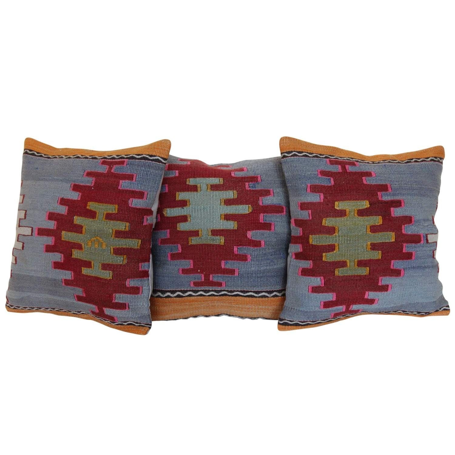 Set of 3 Vintage Kilim Pillow Covers: 16x16 Wool Rug Cases