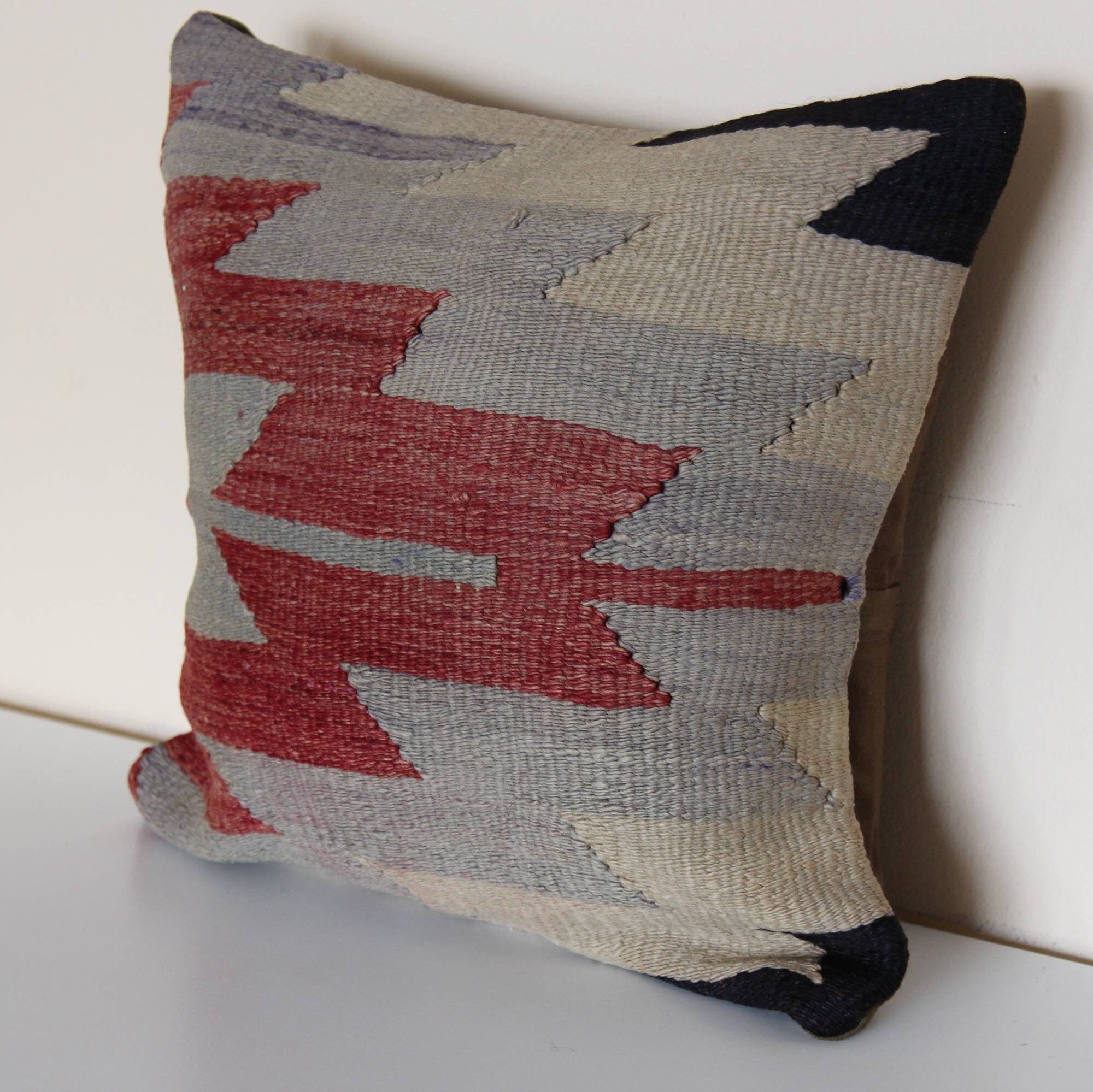 Hand-Knotted Wool Kilim Pillow Cover: Vintage Turkish Rug, 16x16