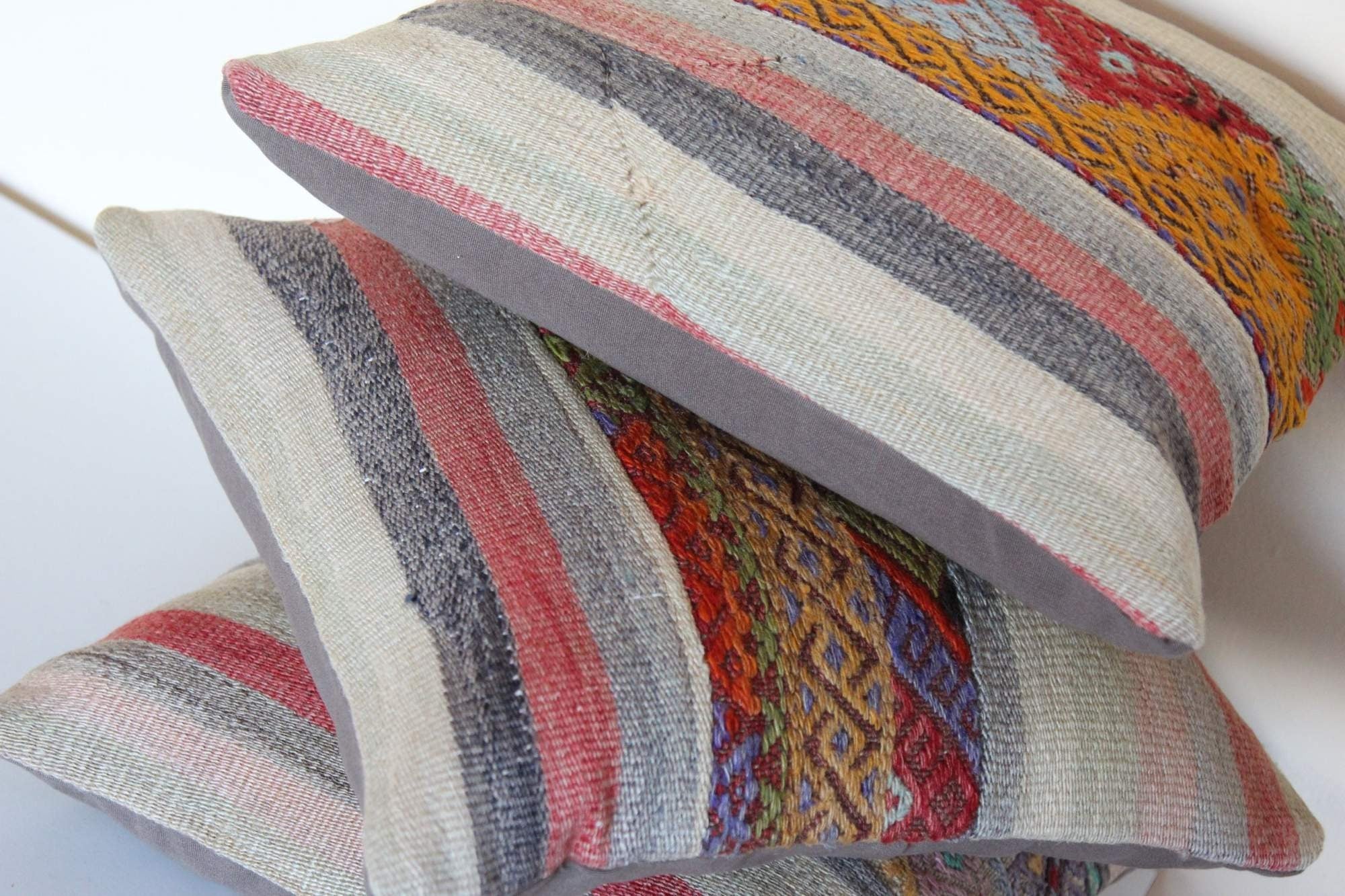 Set of 3 Vintage Kilim Pillow Covers: Turkish Wool Throw Cushions (16x16)