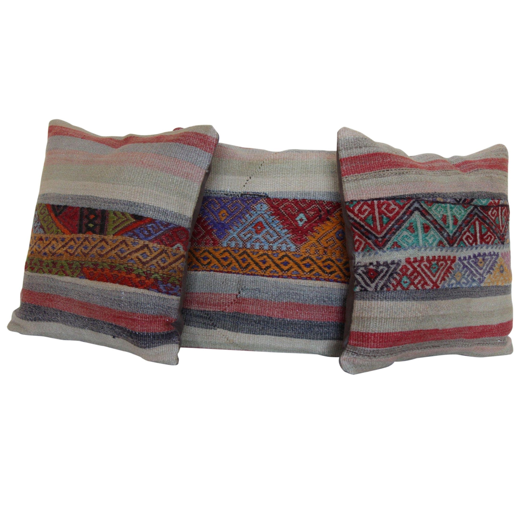 Set of 3 Vintage Kilim Pillow Covers: Turkish Wool Throw Cushions (16x16)