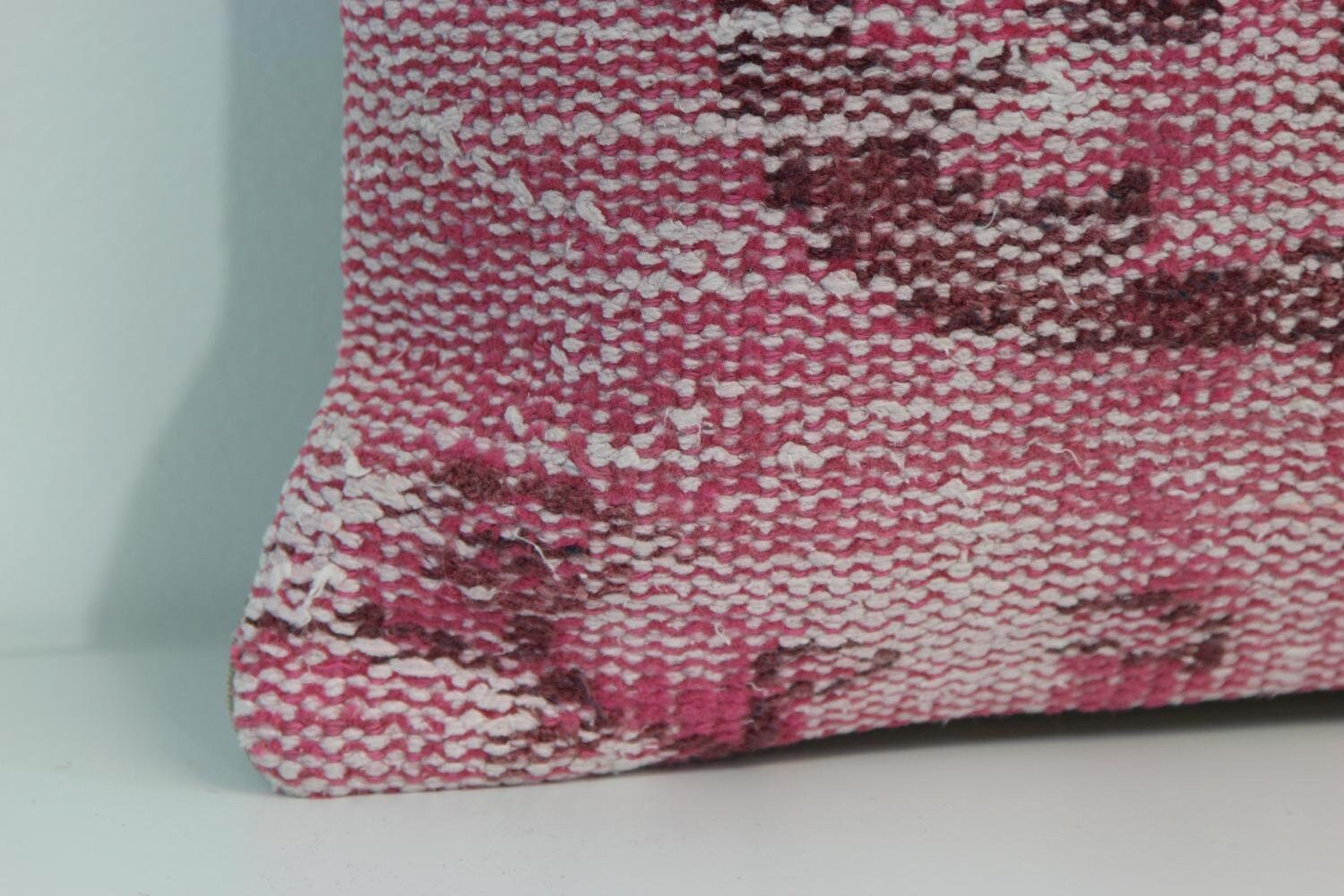 Pink Turkish Kilim Pillow Cover: Hand-Knotted Wool Rug, 18x18