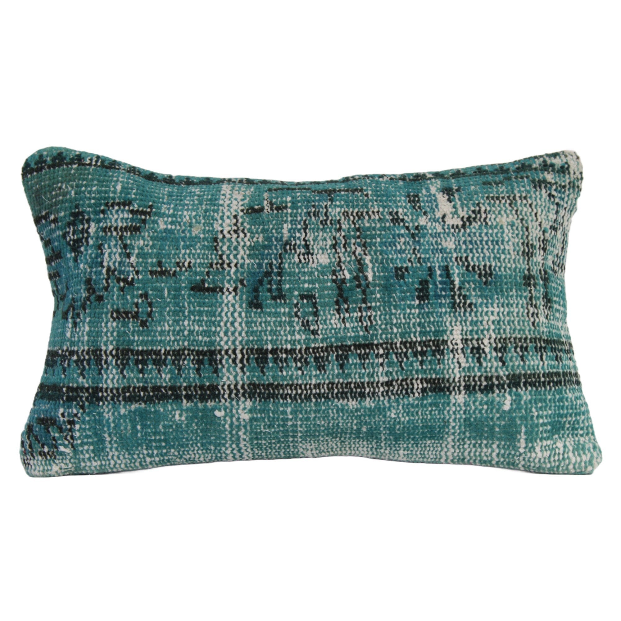 Hand-Knotted Turkish Wool Lumbar Pillow: Turquoise Overdyed Rug Design (12x20)