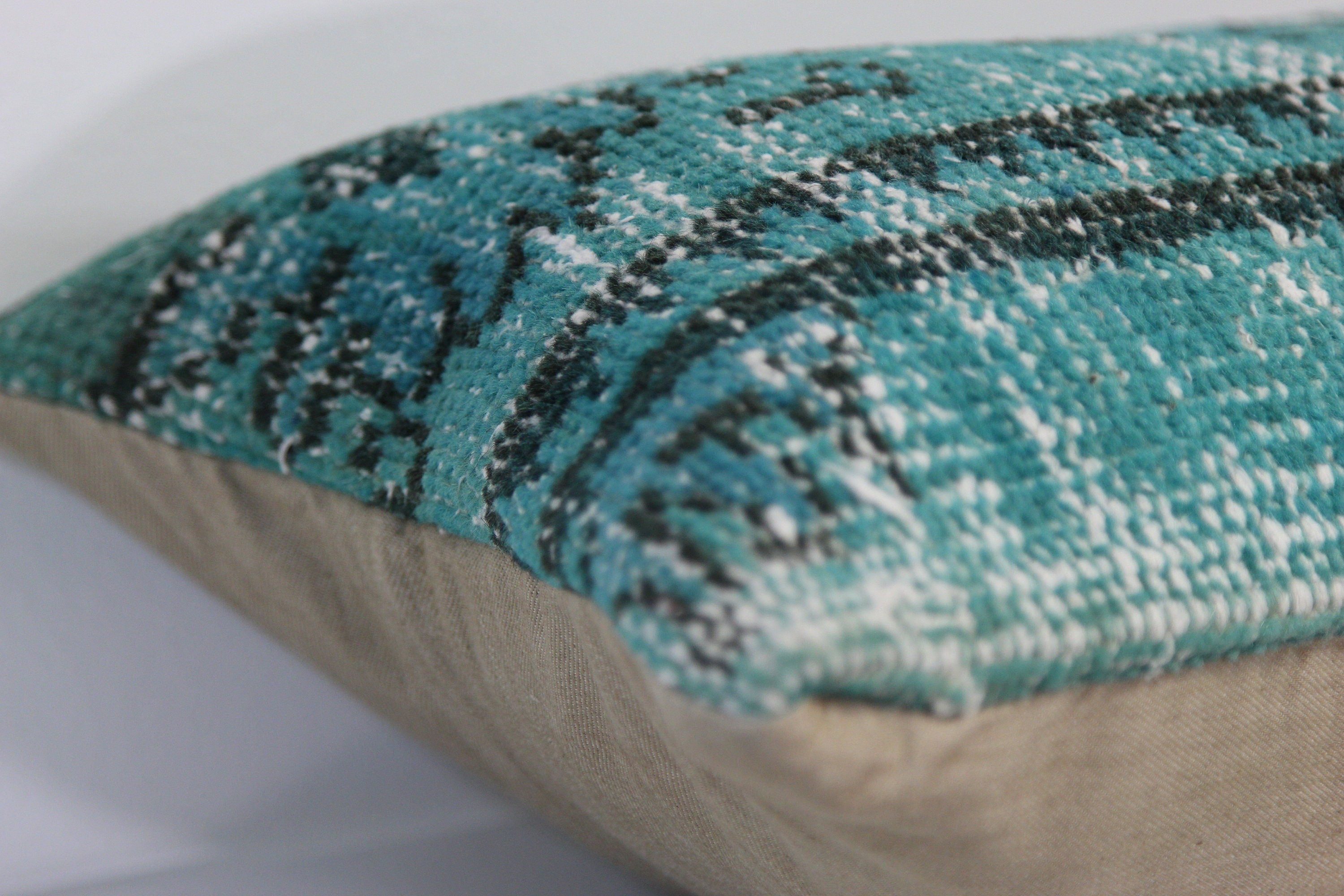 Hand-Knotted Turkish Wool Lumbar Pillow: Turquoise Overdyed Rug Design (12x20)