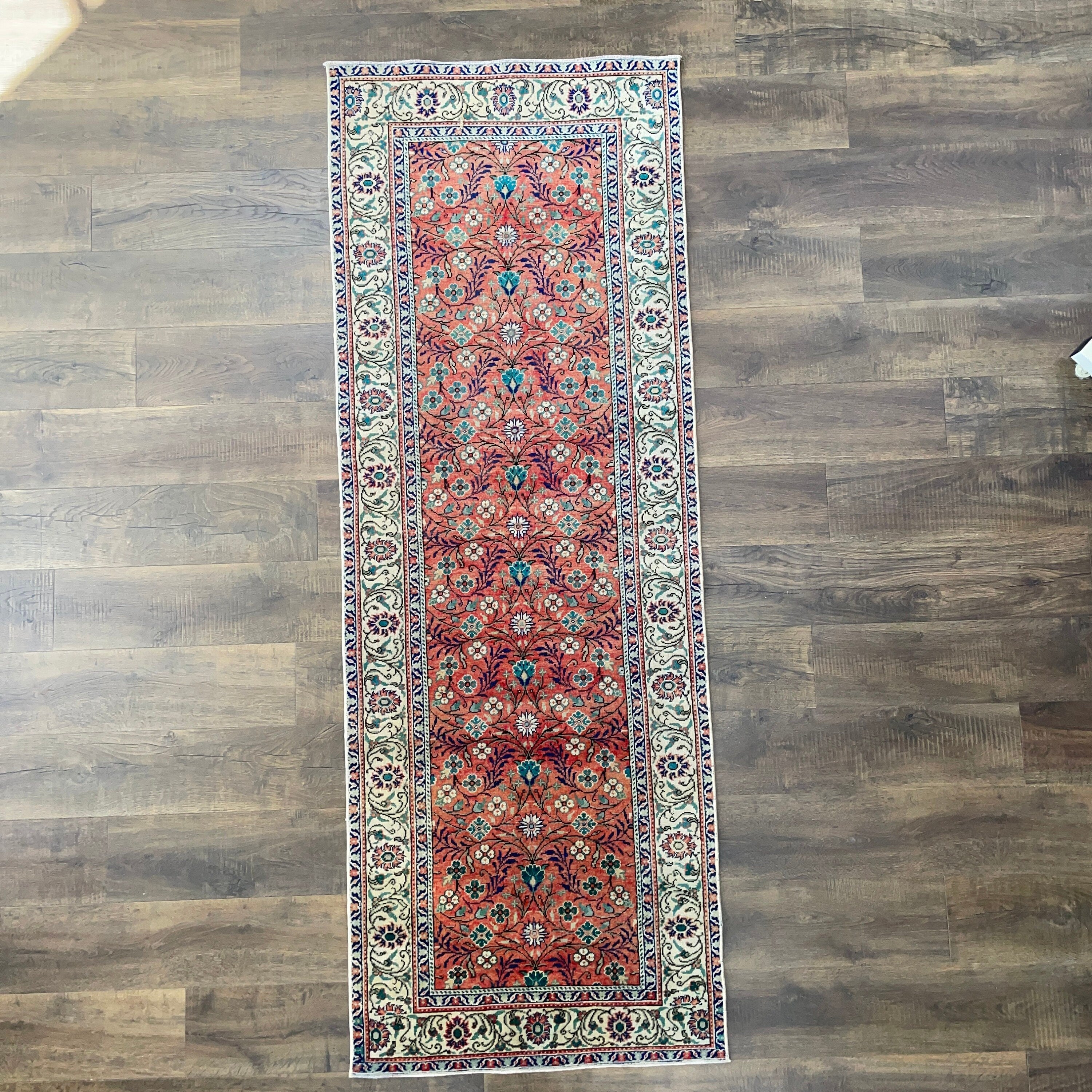 Hand-Knotted Turkish Hereke Wool Runner Rug: Vintage Floral Boho Decor (2’10”x7’8”)