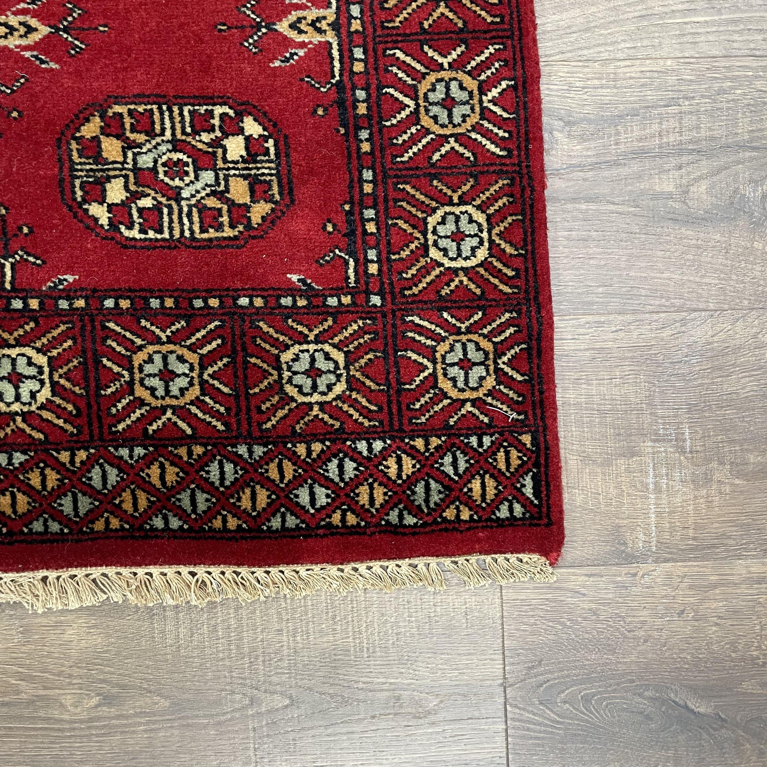 Buhara Red Wool Runner Rug: Hand-Knotted Tribal Geometric Carpet