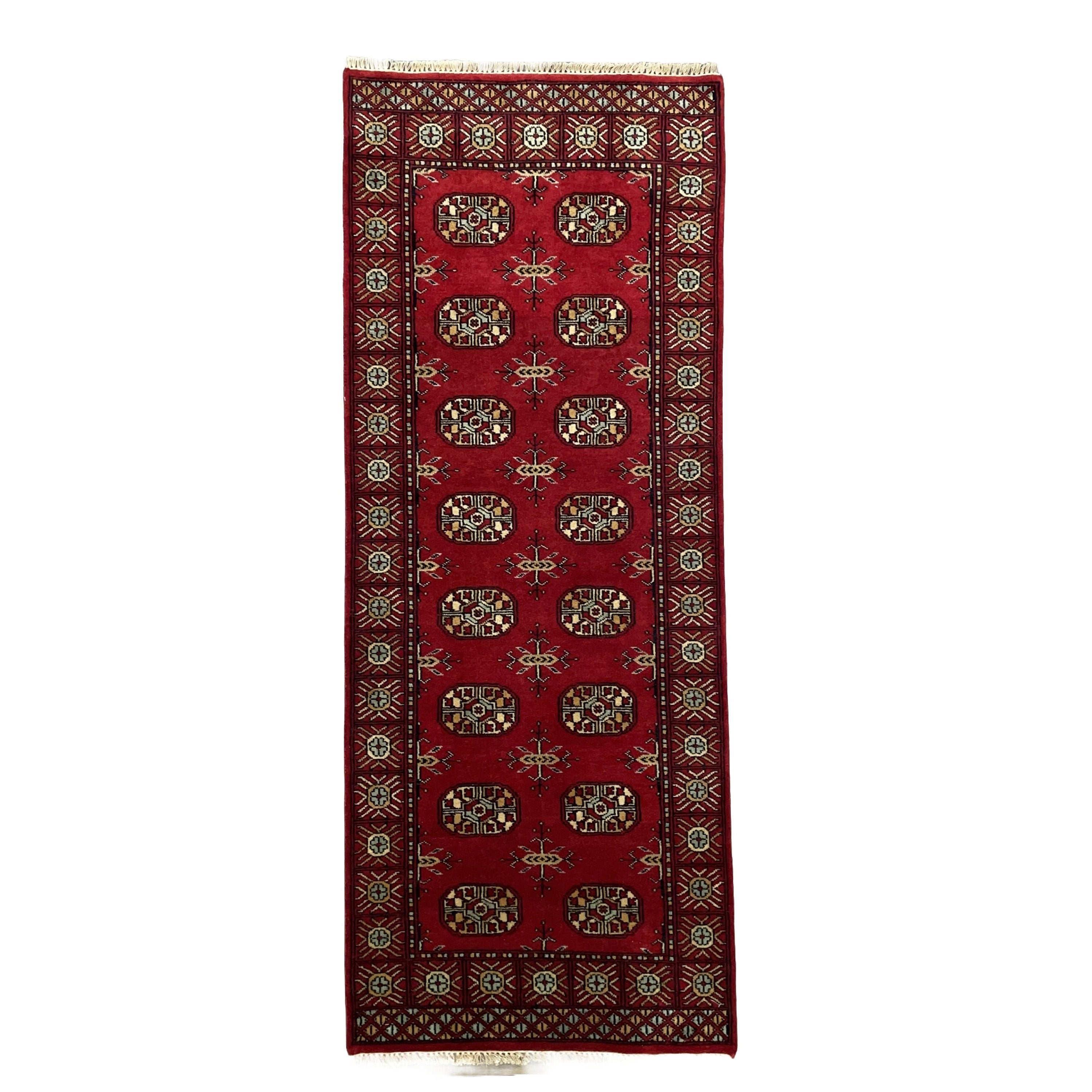 Buhara Red Wool Runner Rug: Hand-Knotted Tribal Geometric Carpet