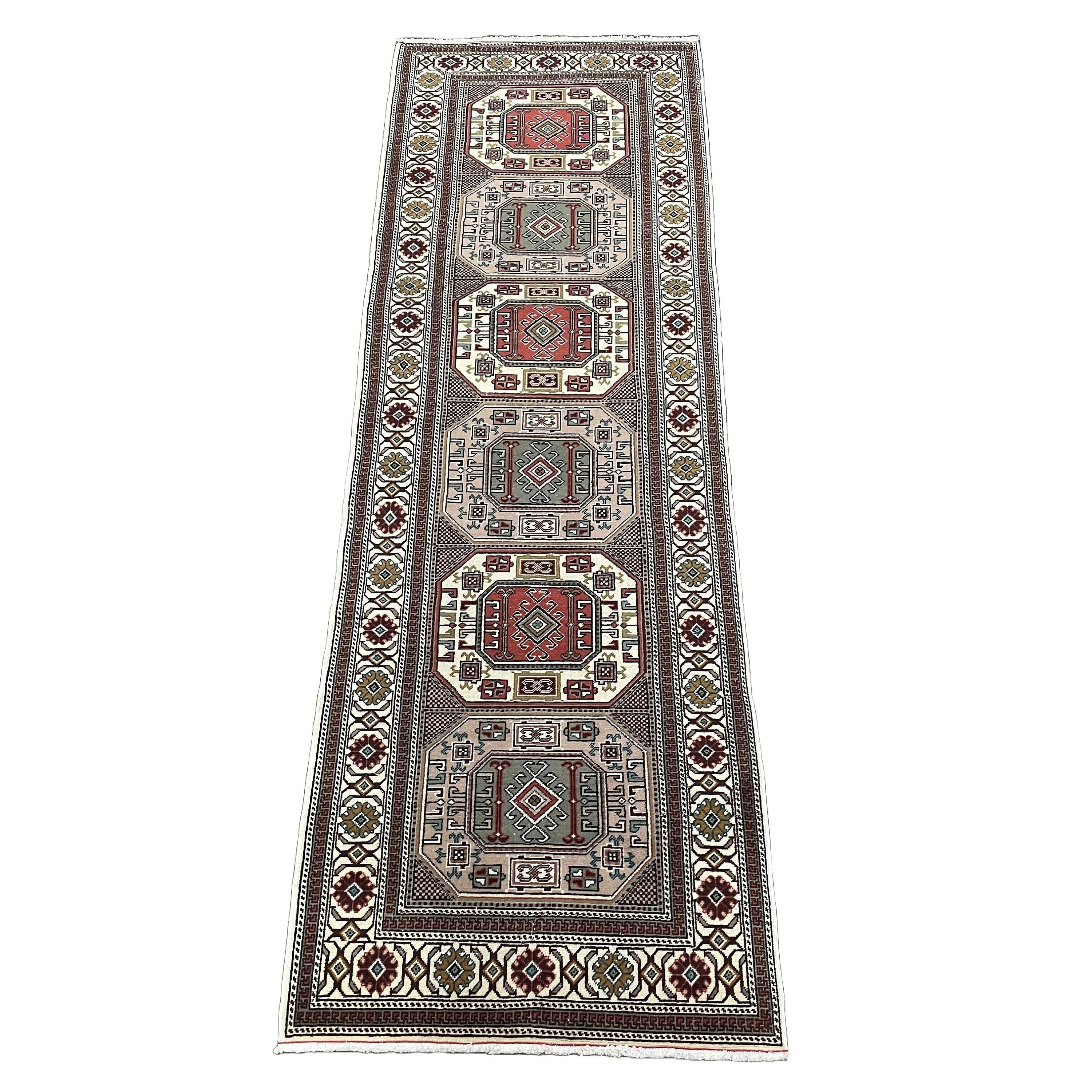 Vintage Turkish Wool Runner Rug: Hand-Knotted Geometric Medallion, Earth Tone