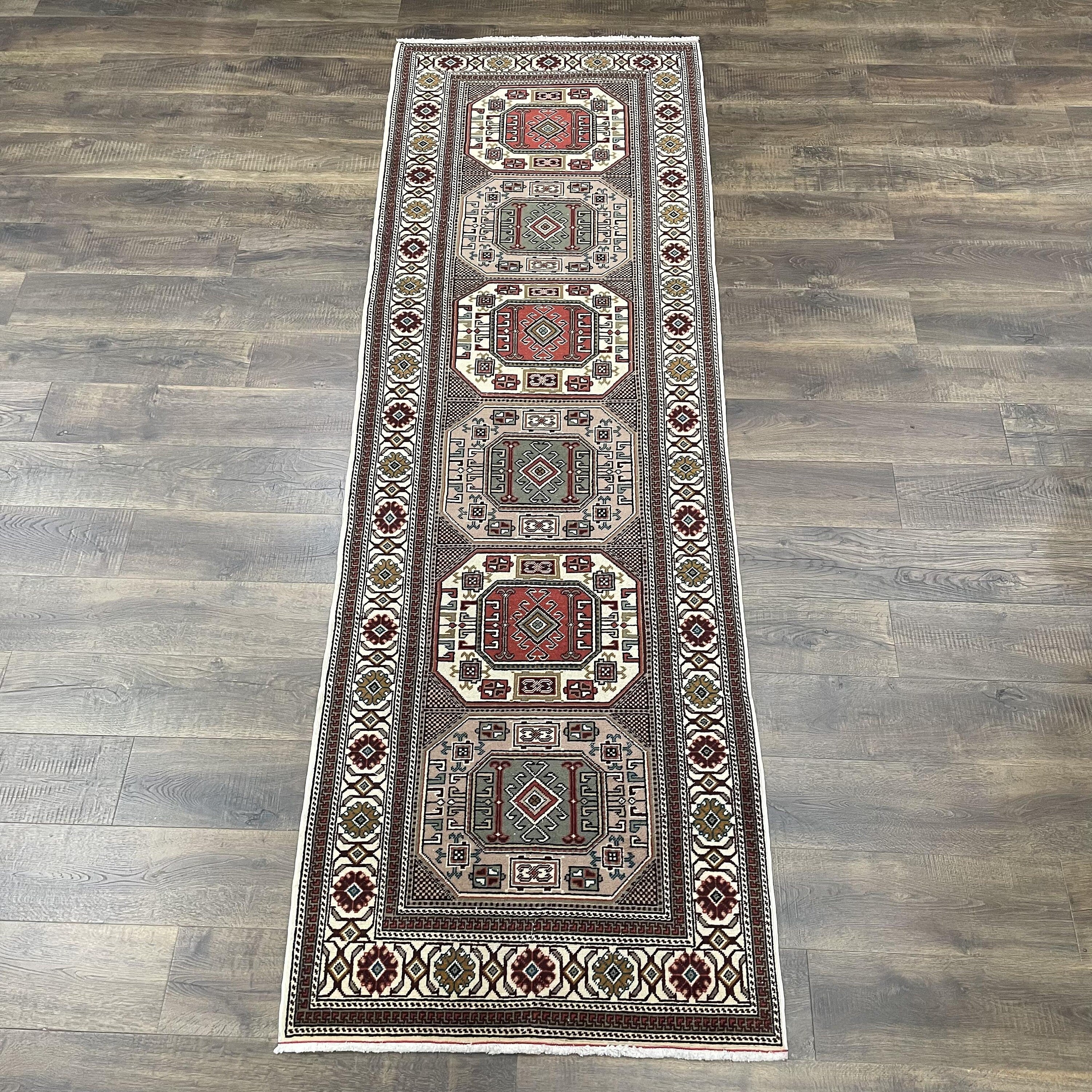 Vintage Turkish Wool Runner Rug: Hand-Knotted Geometric Medallion, Earth Tone