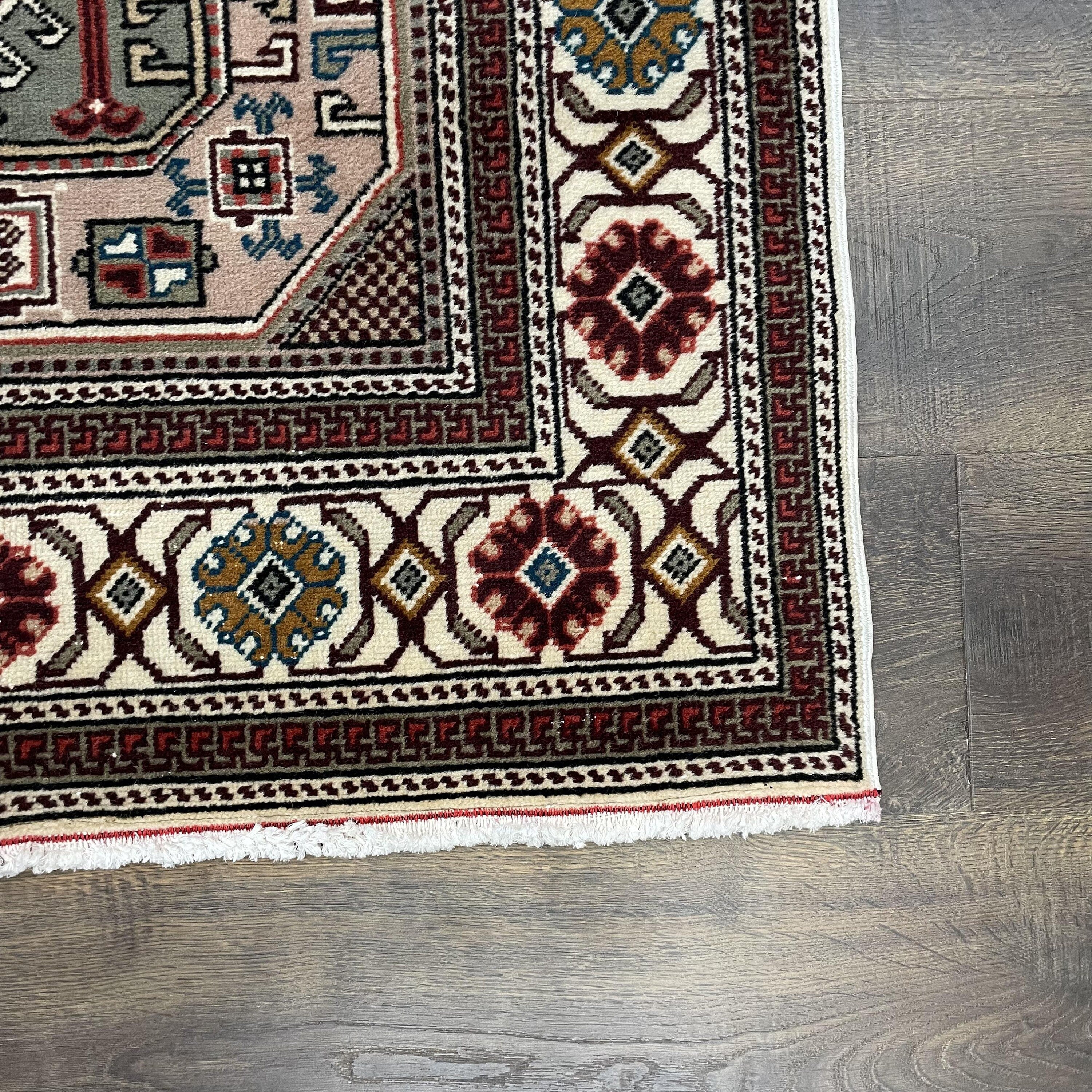Vintage Turkish Wool Runner Rug: Hand-Knotted Geometric Medallion, Earth Tone