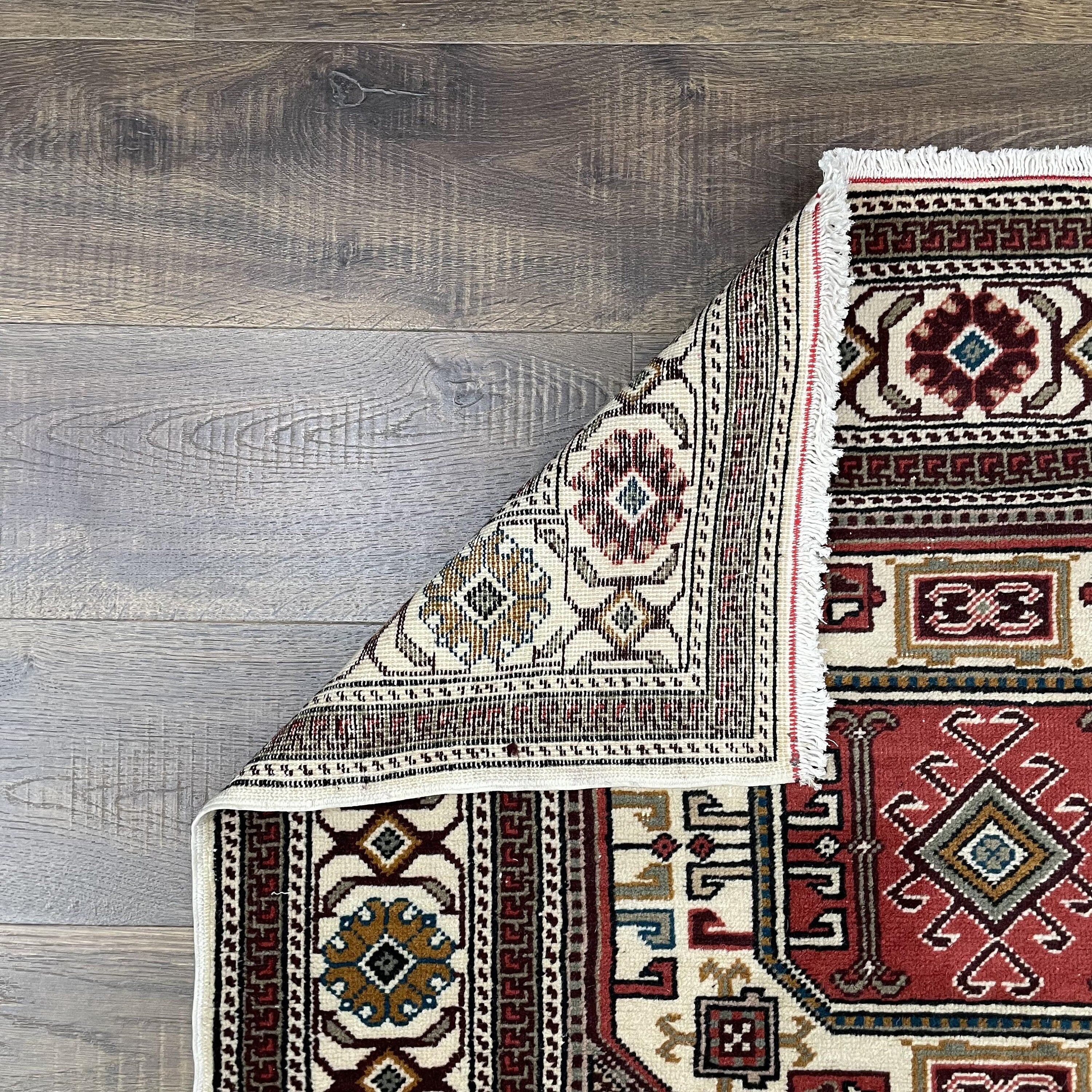Vintage Turkish Wool Runner Rug: Hand-Knotted Geometric Medallion, Earth Tone