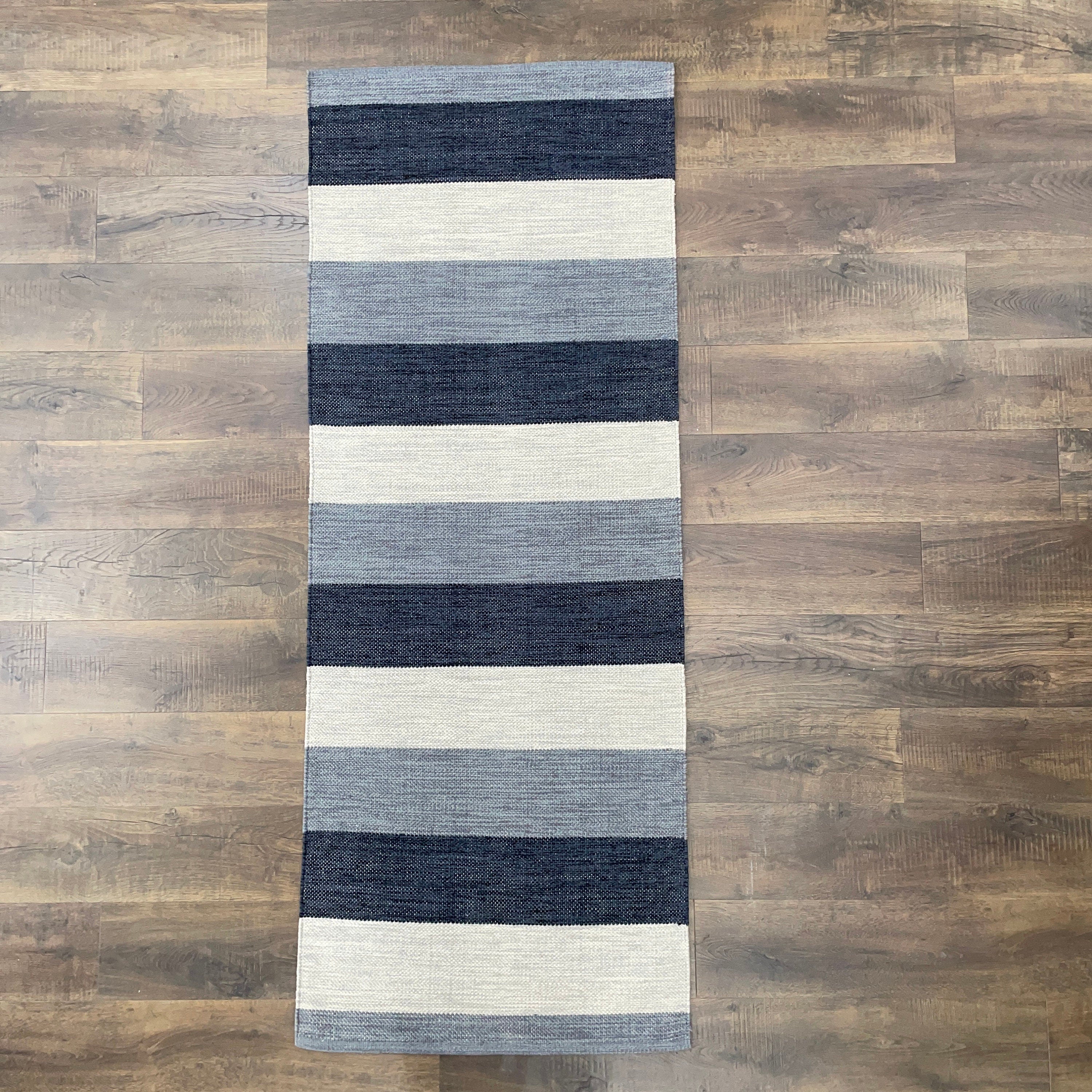 7 Ft Turkish Cotton Kilim Runner: Striped Blue Gray Boho Rug