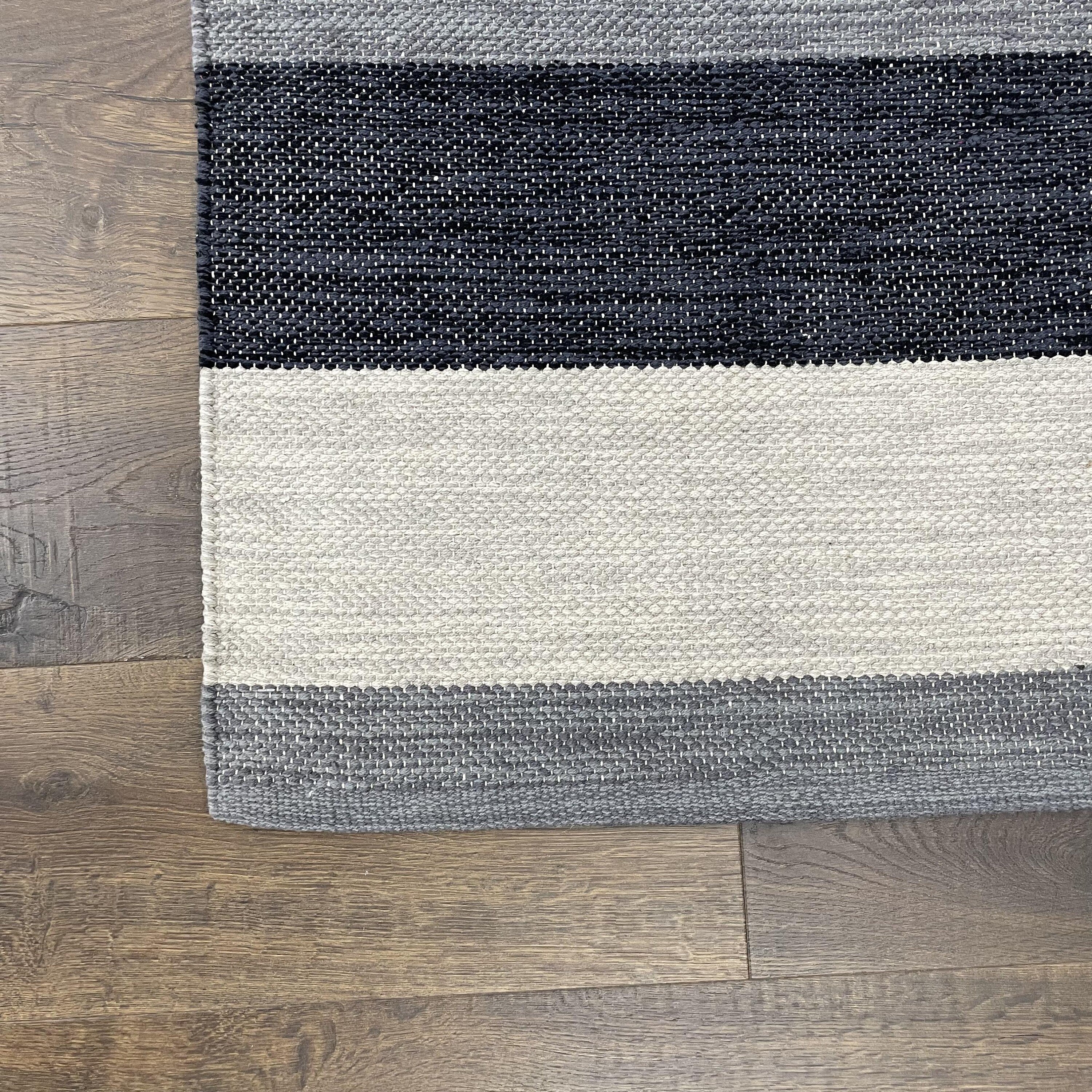 7 Ft Turkish Cotton Kilim Runner: Striped Blue Gray Boho Rug