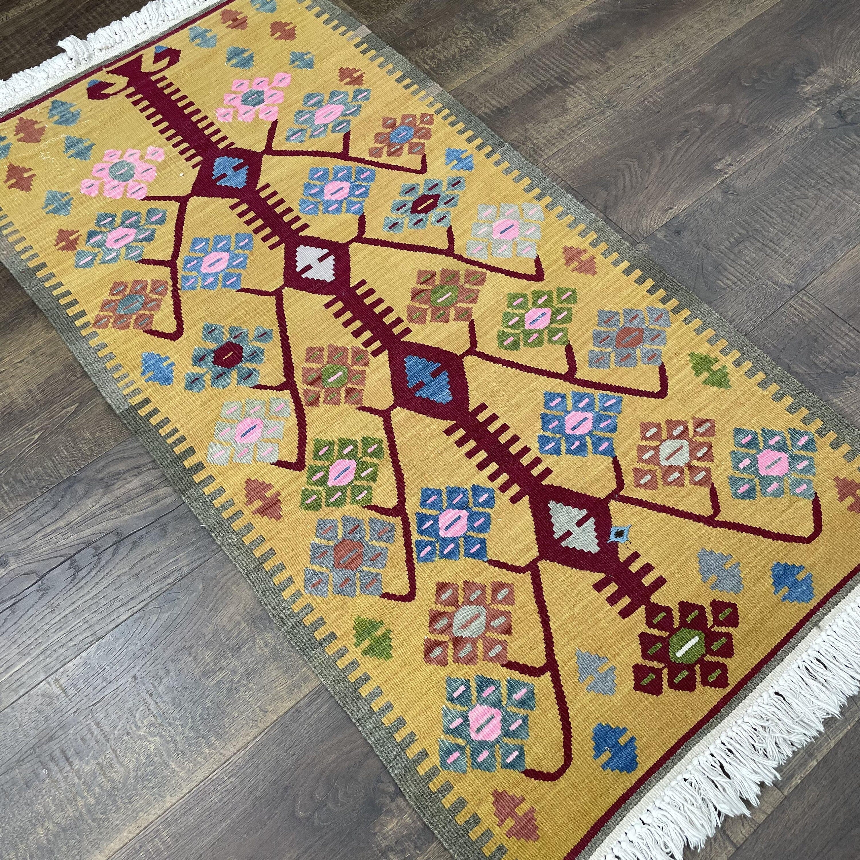 Vintage Turkish Kilim Runner Rug: Tree of Life Wool Flatweave (2.2x4.4 Ft)