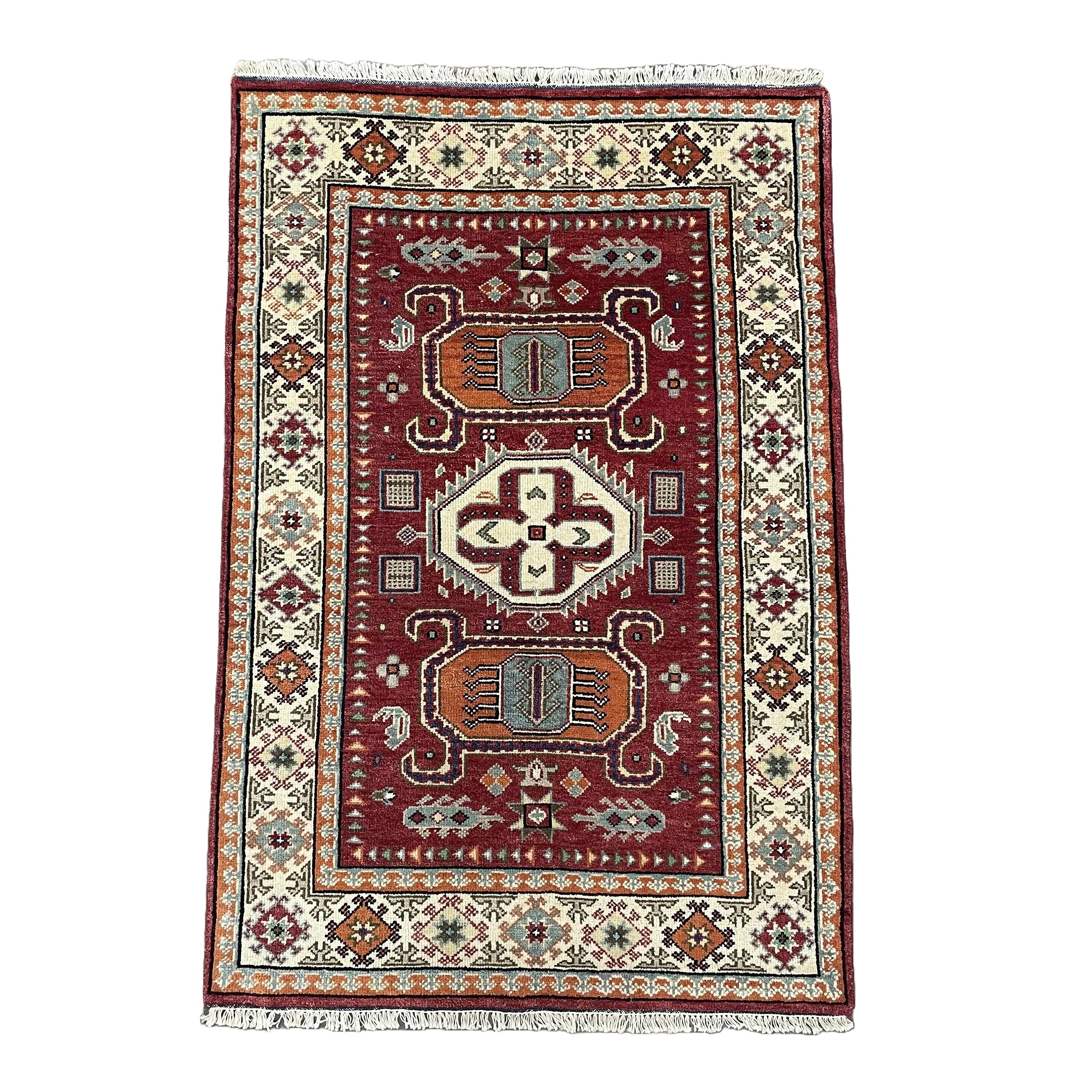 Hand-Knotted Turkish Wool Rug: 4x6 Vintage Geometric Carpet