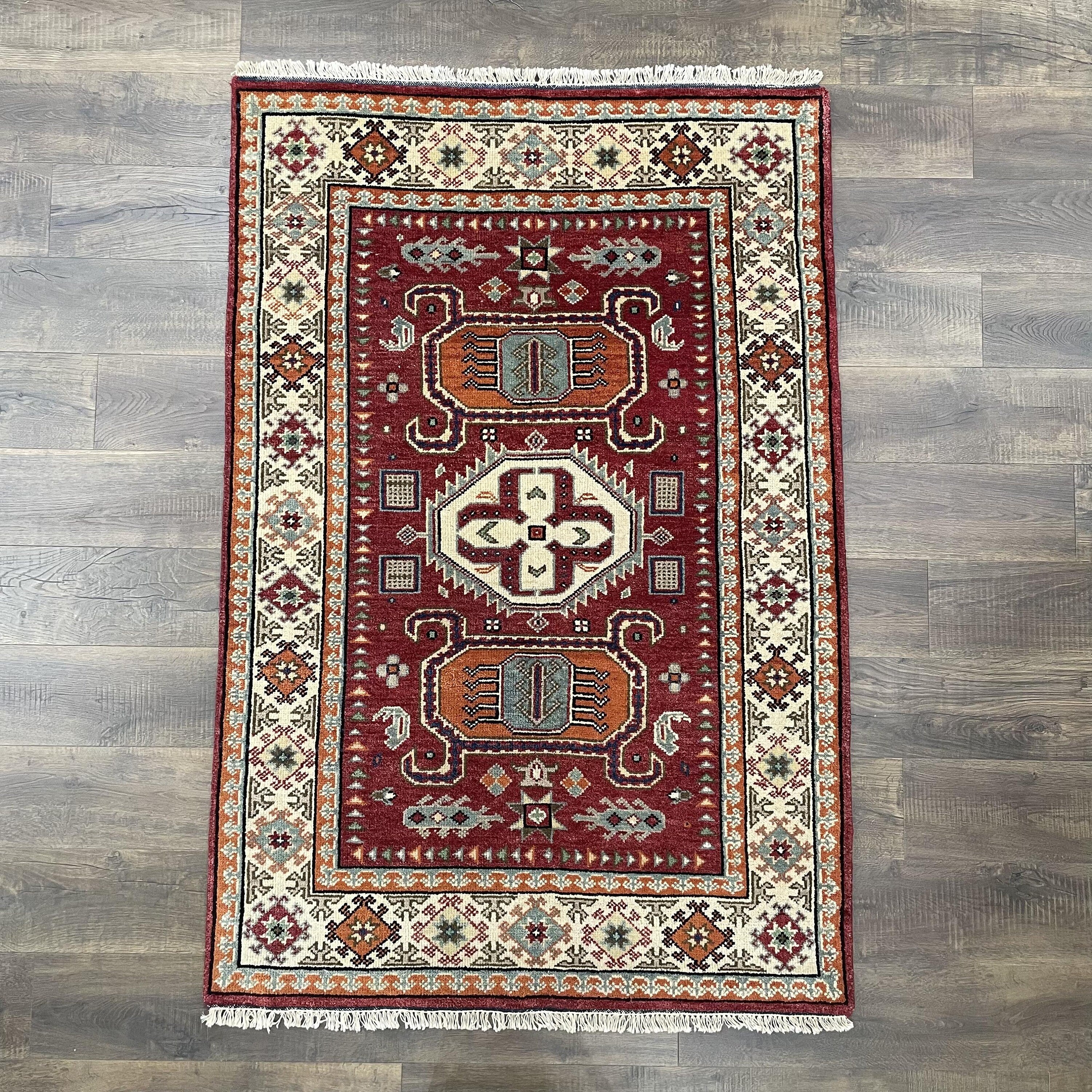 Hand-Knotted Turkish Wool Rug: 4x6 Vintage Geometric Carpet