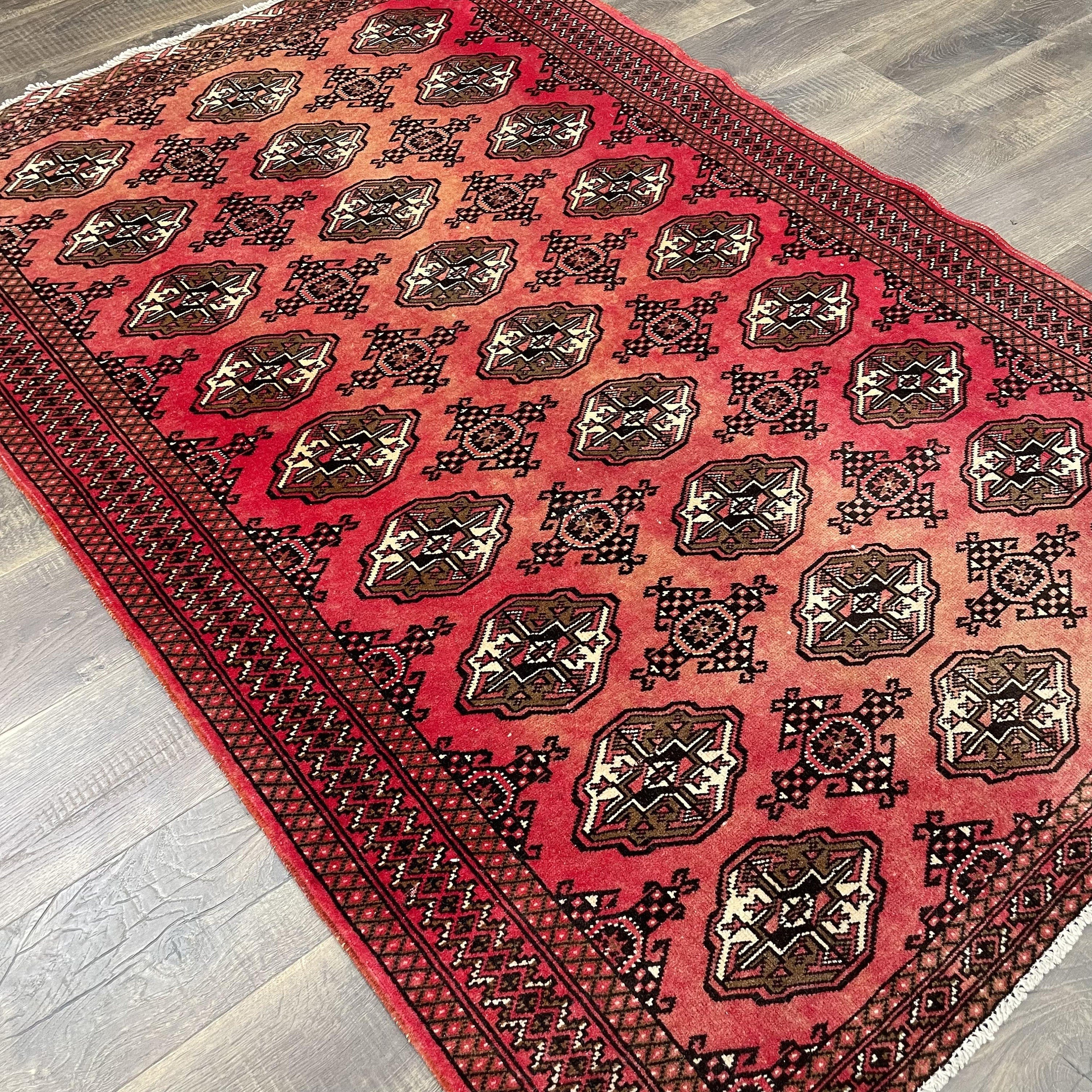 Hand-Knotted Red Buhara Rug: 4x6 Vintage Turkish Geometric Carpet