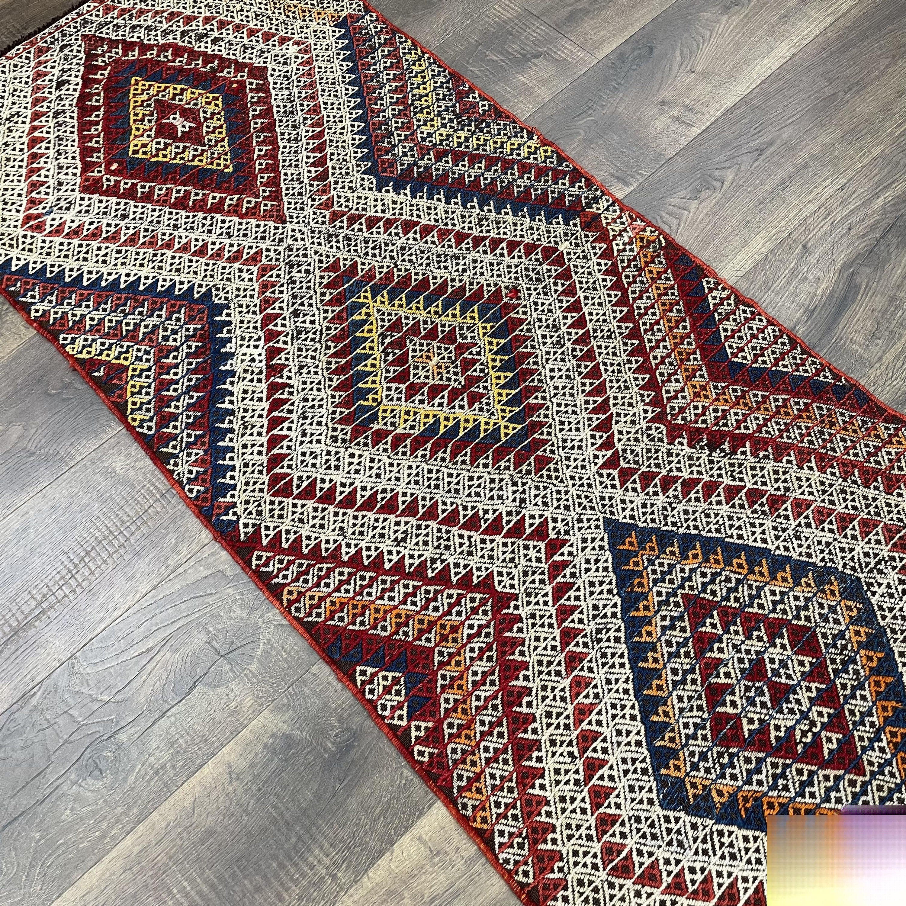 Vintage Turkish Kilim Runner Rug: Embroidered Wool Flat Weave (2.2x5.5 Ft)