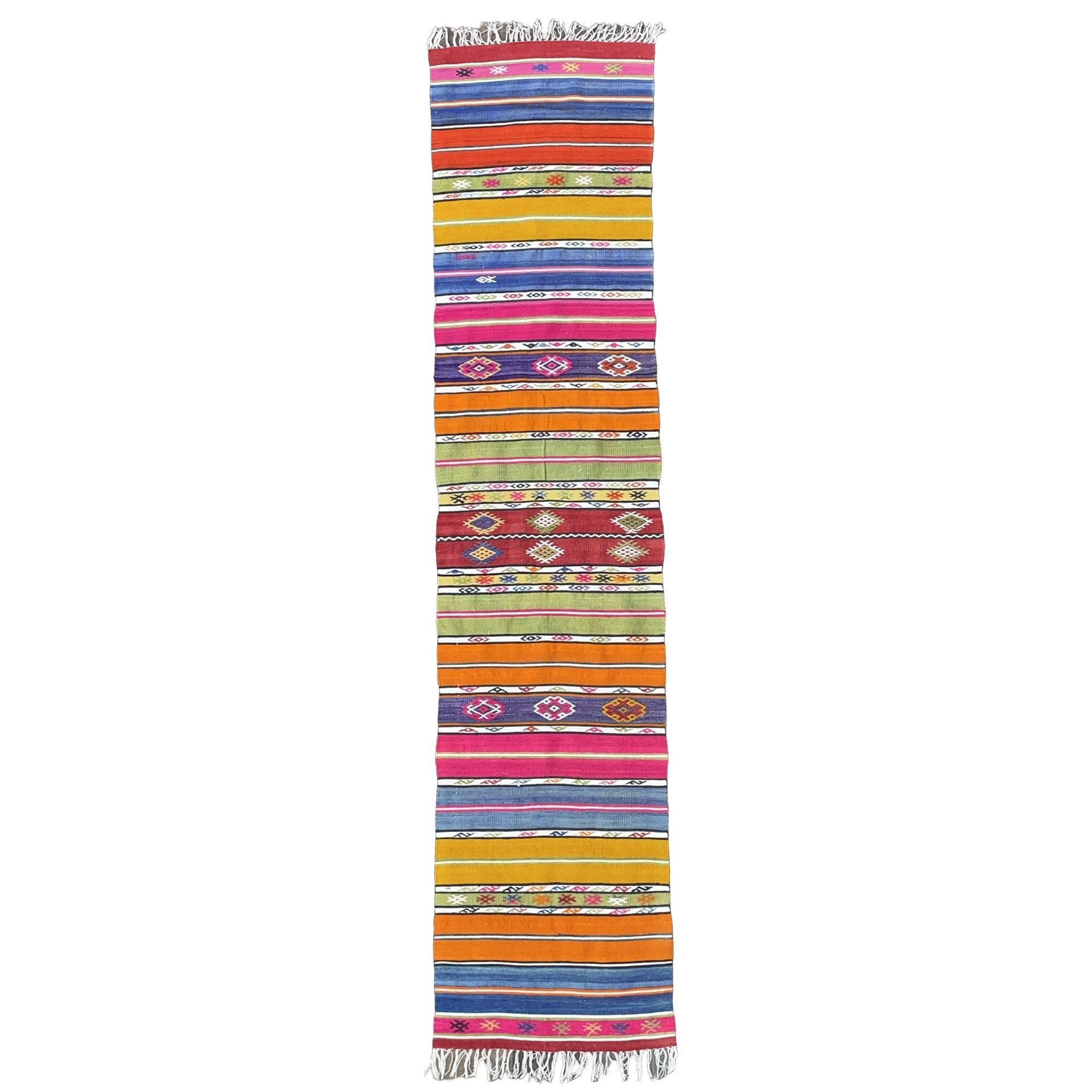 Vintage Turkish Kilim Runner Rug: 8 ft Colorful Wool Flat Weave