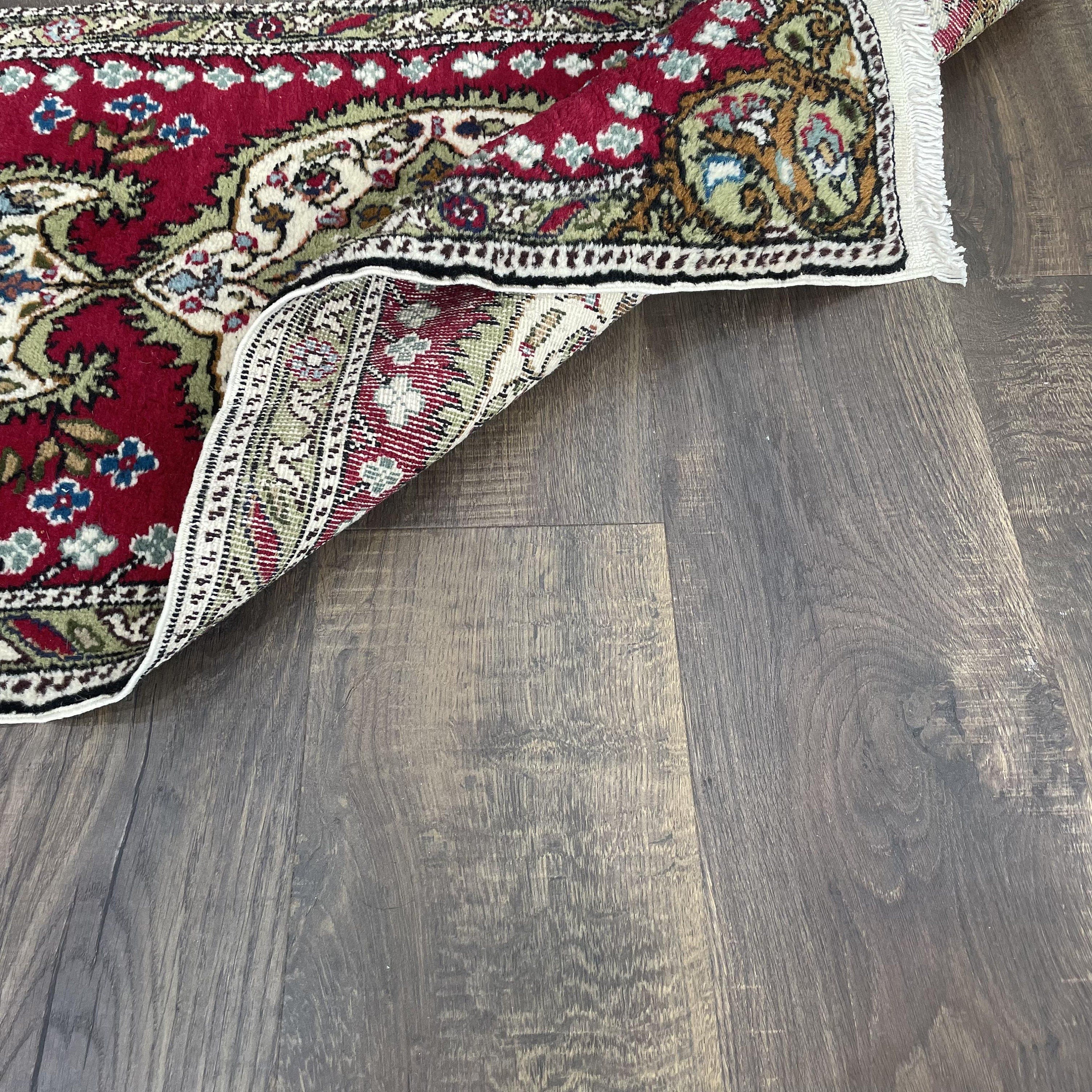 Vintage Hand Knotted Persian Wool Rug: 2x3.5 Red & Green