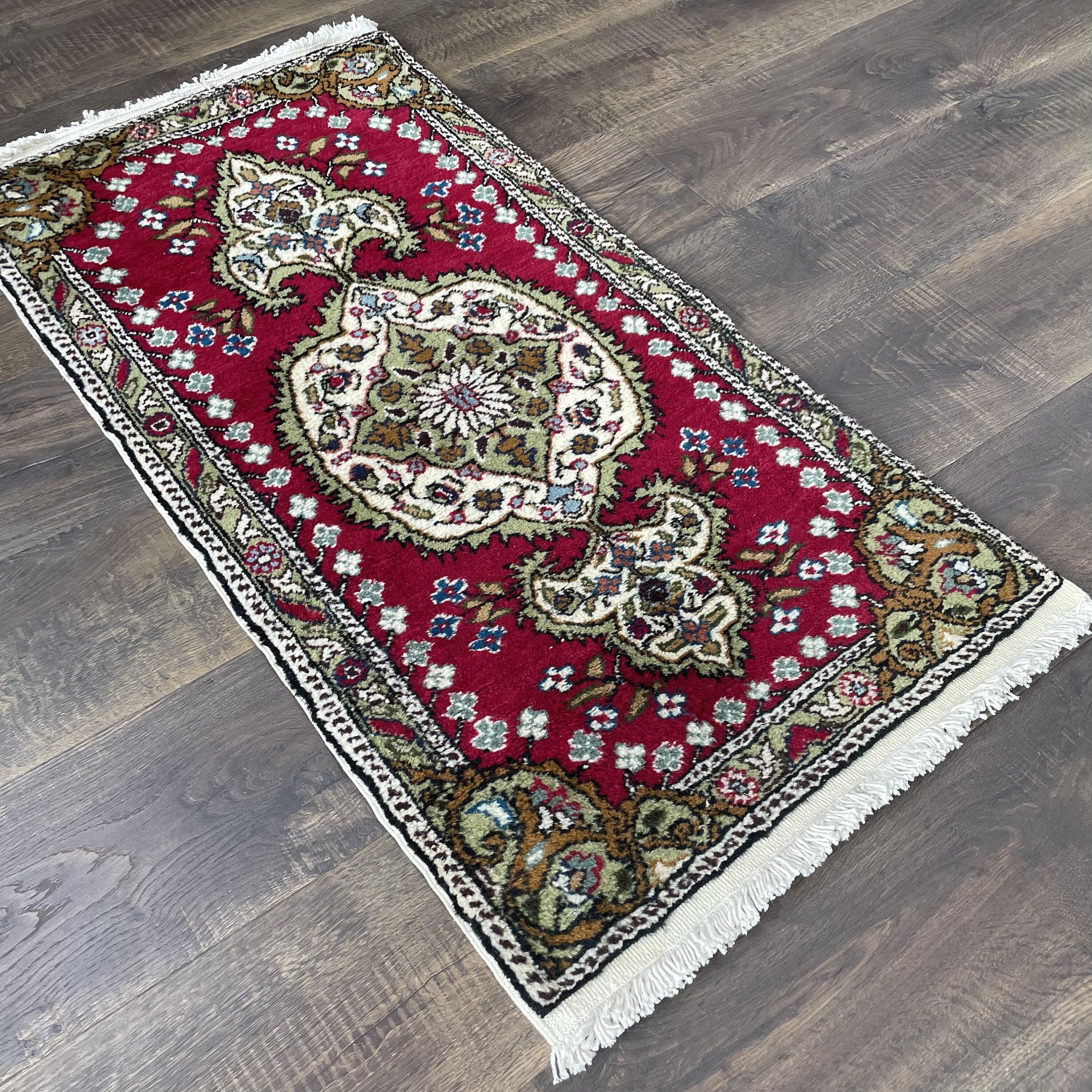 Vintage Hand Knotted Persian Wool Rug: 2x3.5 Red & Green