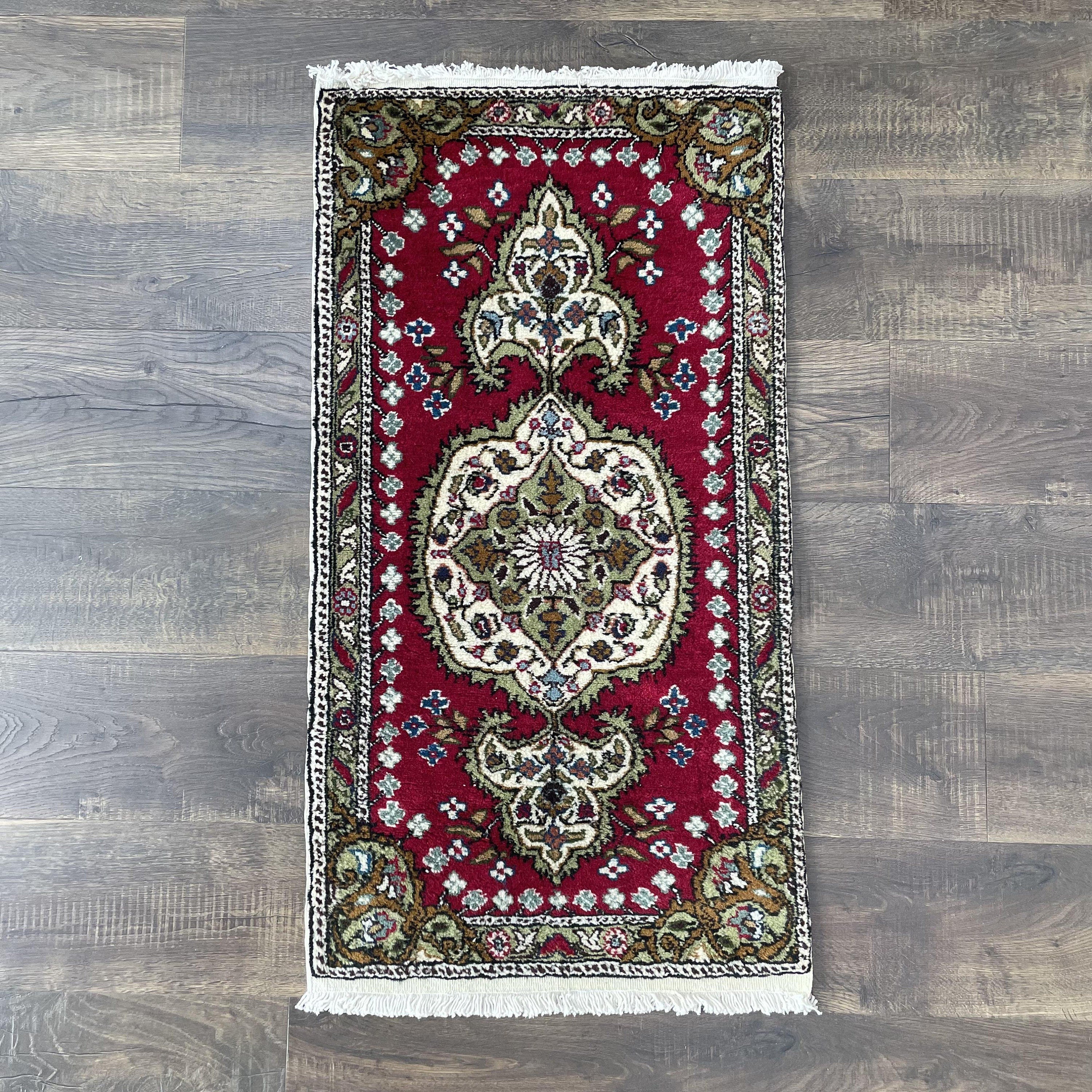 Vintage Hand Knotted Persian Wool Rug: 2x3.5 Red & Green