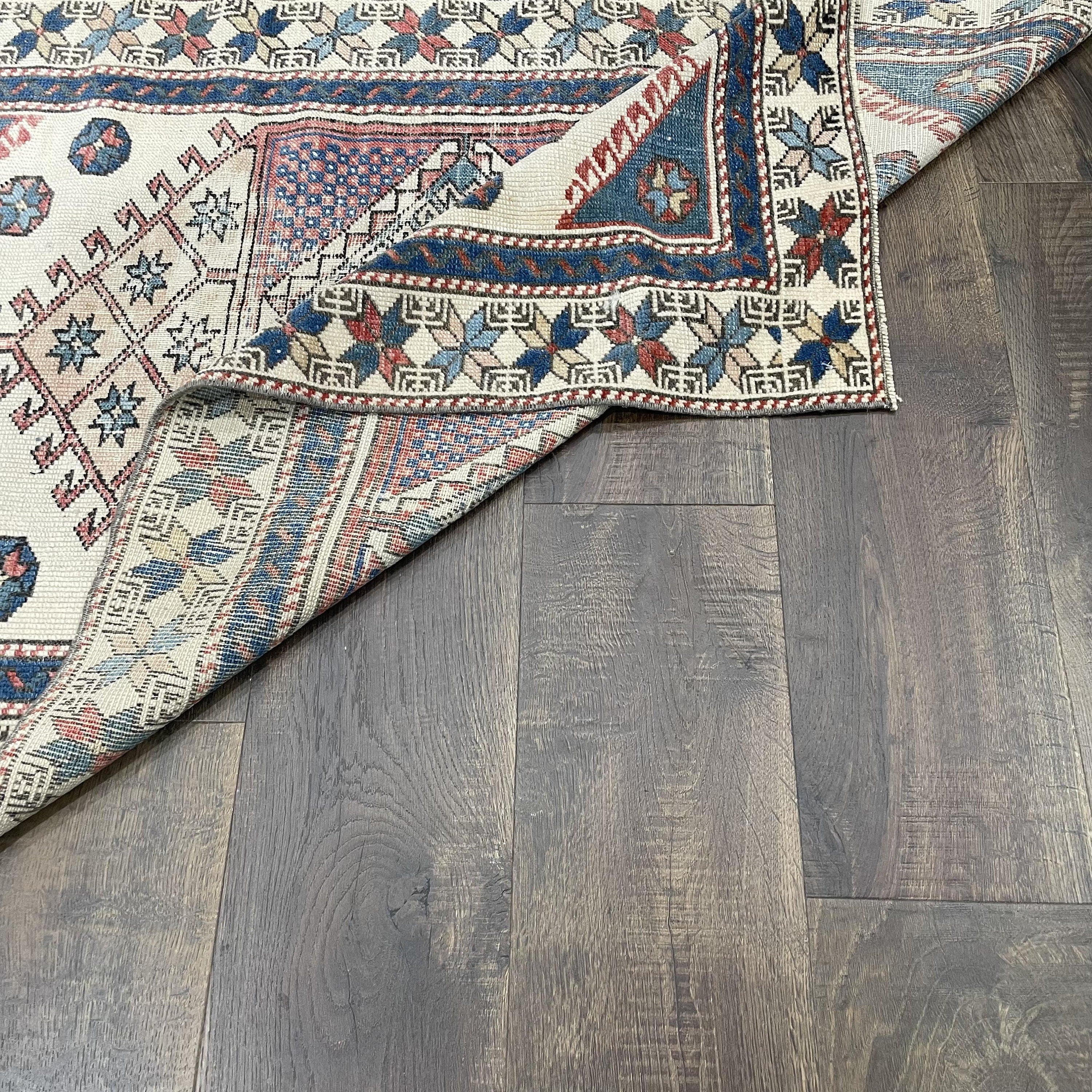 Hand Knotted Wool Rug 3x5: Vintage Distressed Geometric Entryway Rug