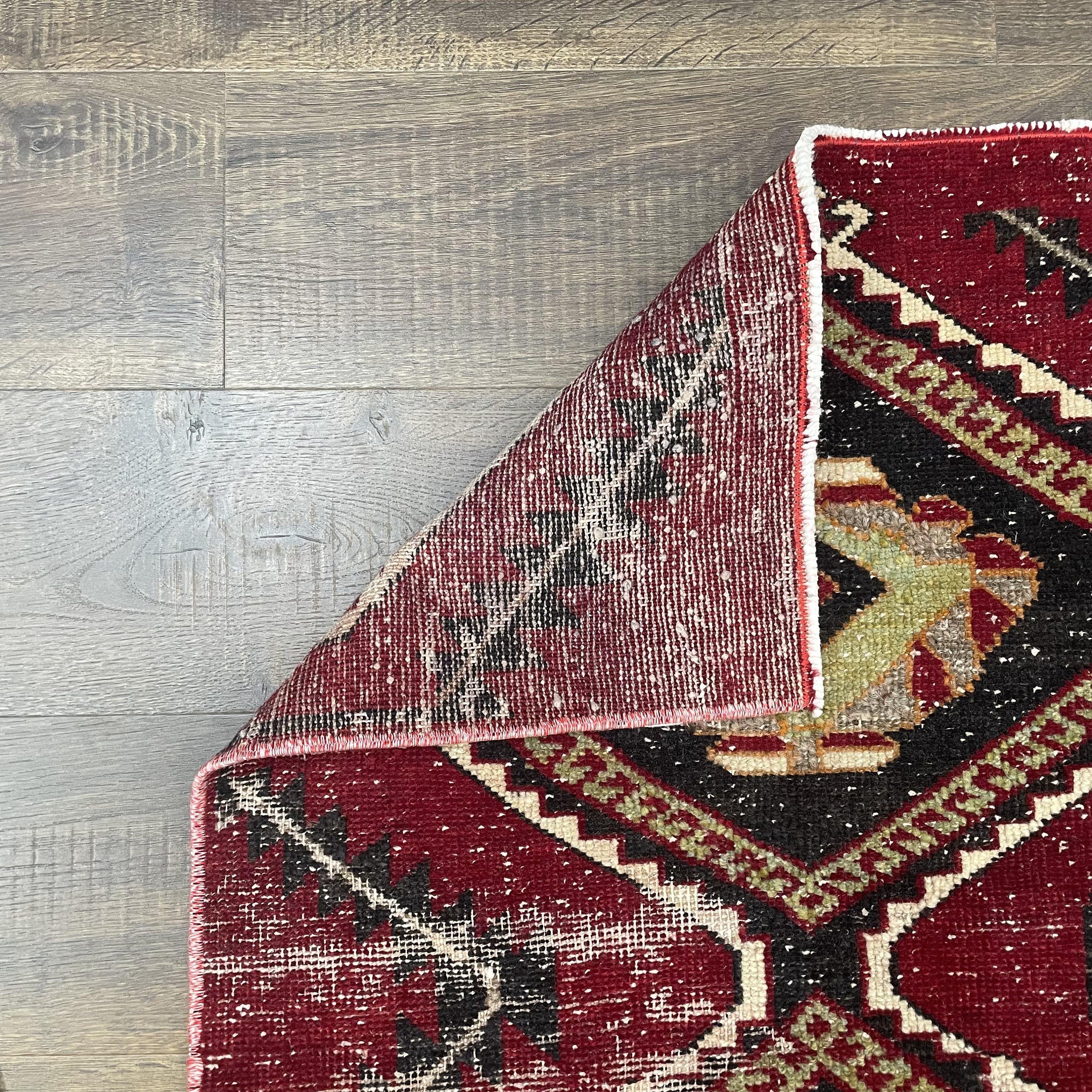 8 ft Turkish Wool Rug Runner: Hand-Knotted Red & Black Diamond Hallway Rug