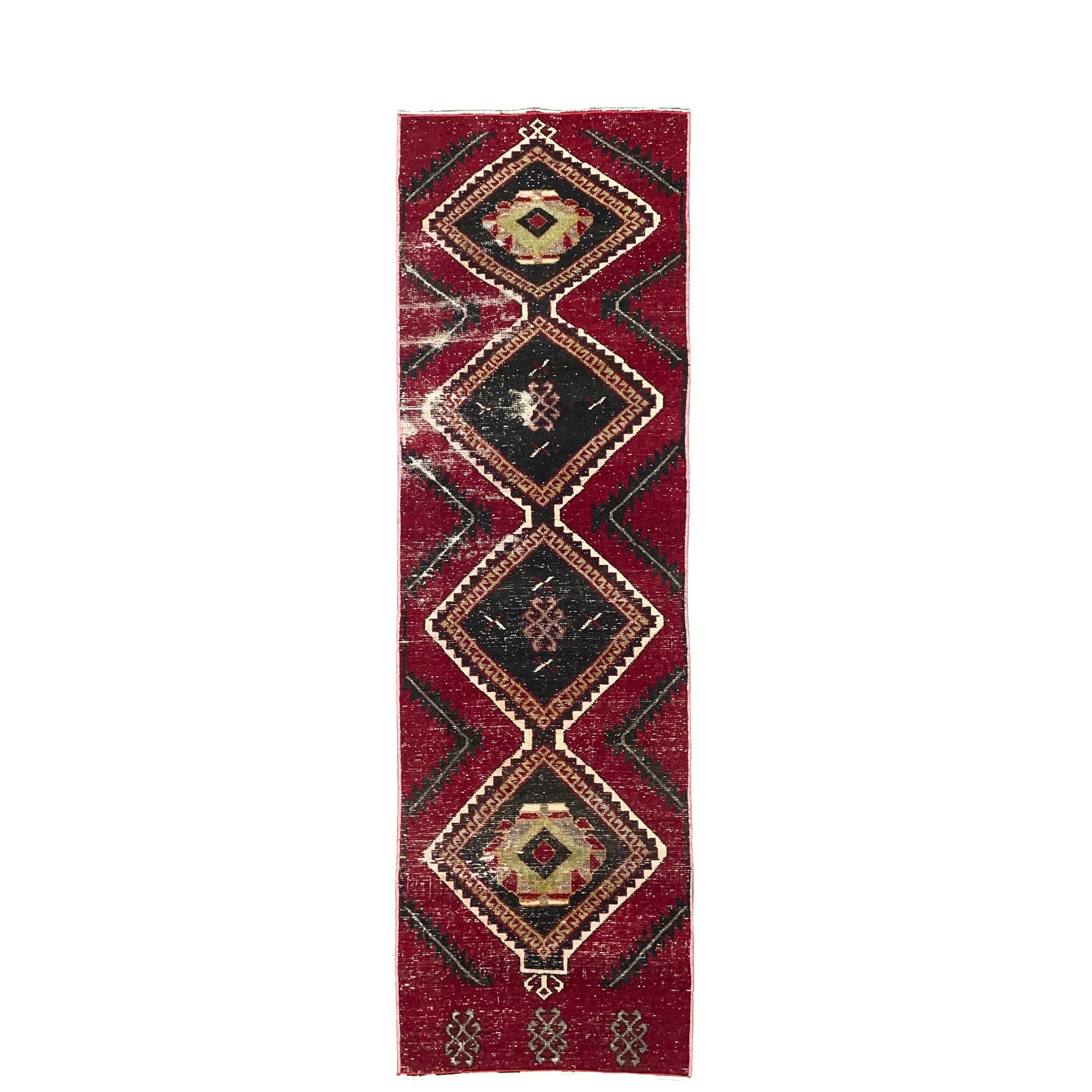 8 ft Turkish Wool Rug Runner: Hand-Knotted Red & Black Diamond Hallway Rug
