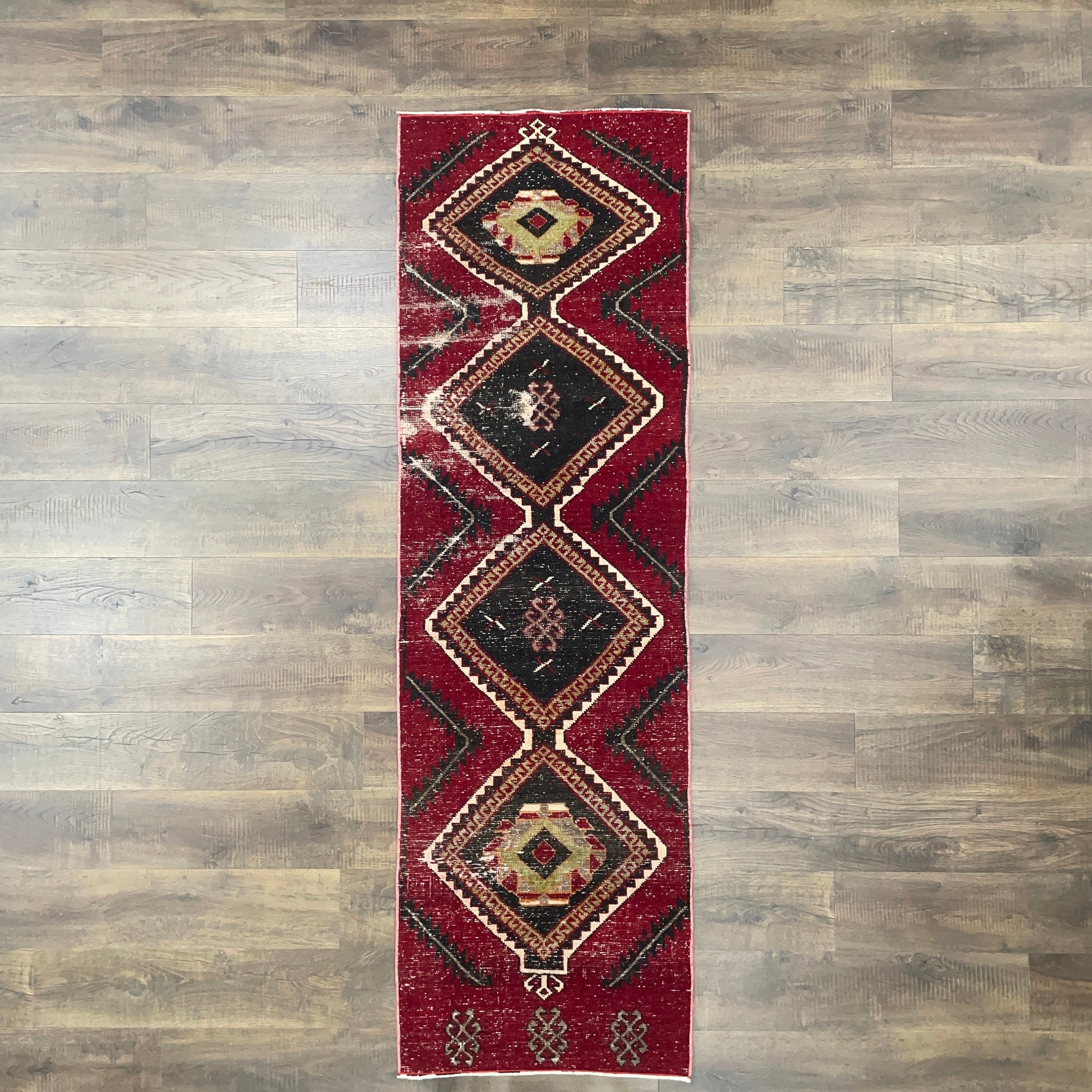 8 ft Turkish Wool Rug Runner: Hand-Knotted Red & Black Diamond Hallway Rug