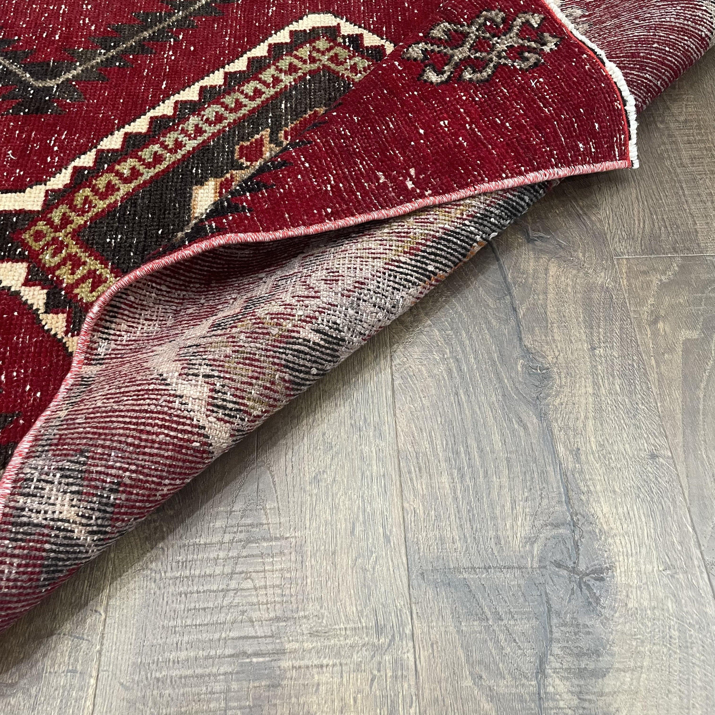 8 ft Turkish Wool Rug Runner: Hand-Knotted Red & Black Diamond Hallway Rug