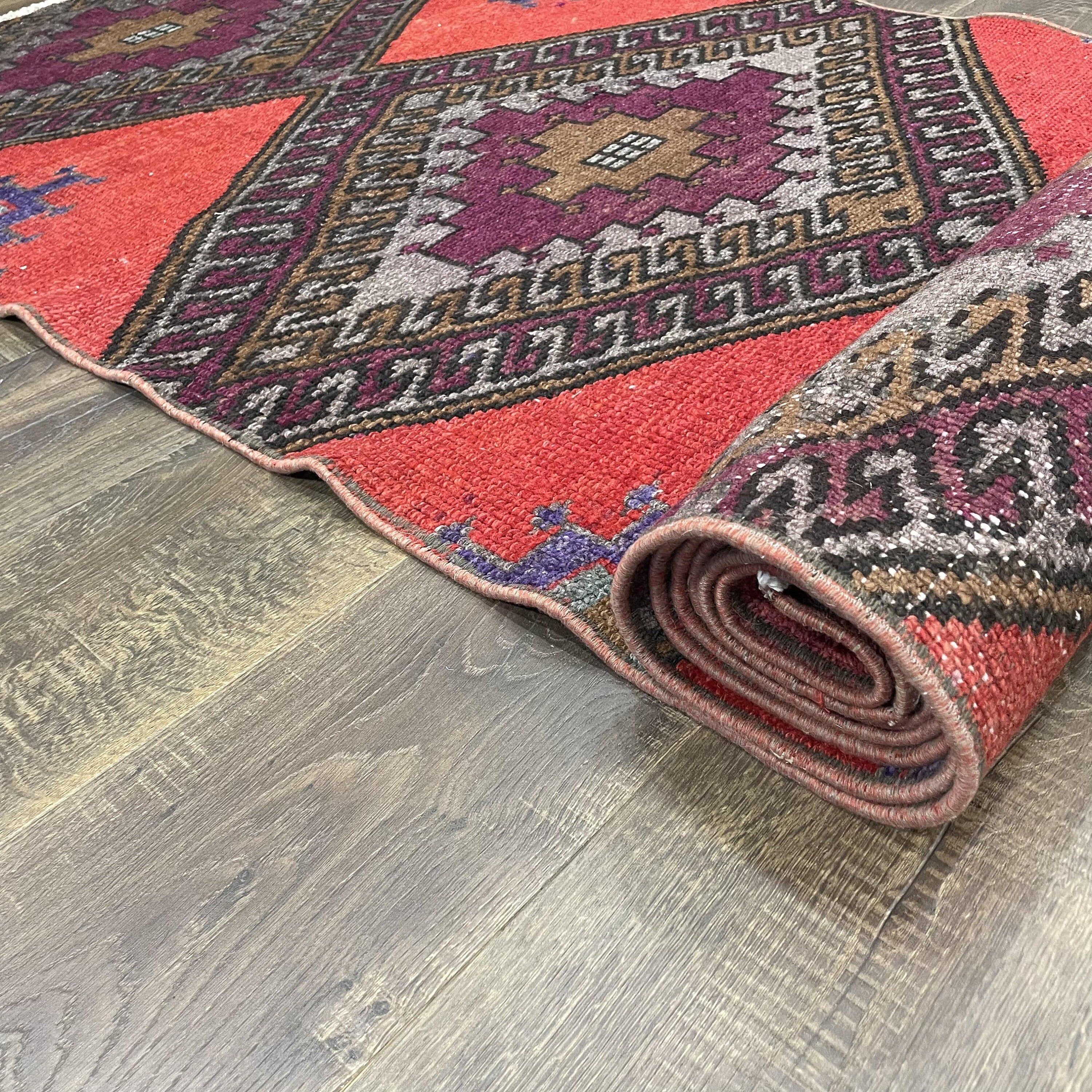Hand-Knotted Distressed Wool Runner Rug: 3x11.5 ft Boho Chic Medallion Hallway Rug