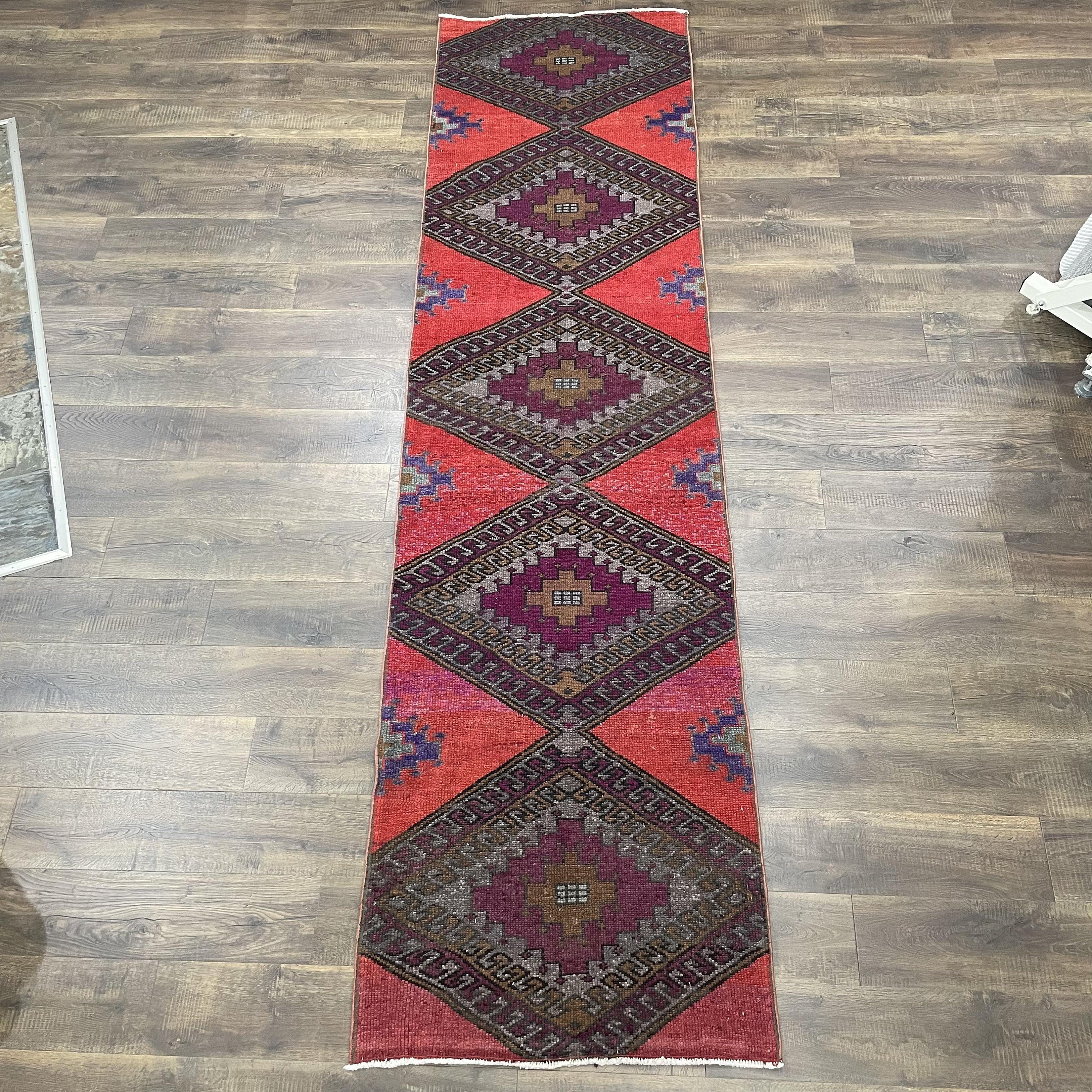 Hand-Knotted Distressed Wool Runner Rug: 3x11.5 ft Boho Chic Medallion Hallway Rug