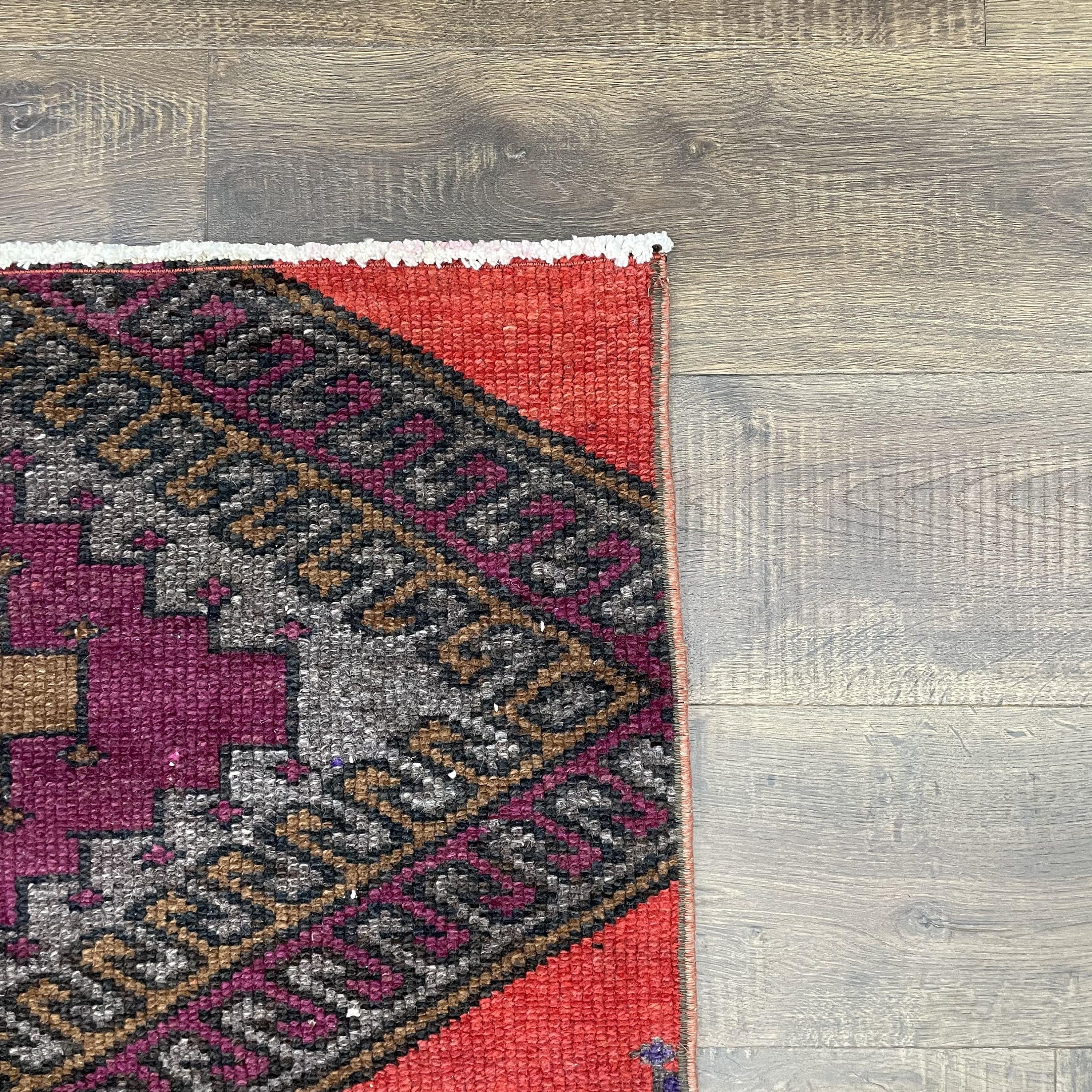 Hand-Knotted Distressed Wool Runner Rug: 3x11.5 ft Boho Chic Medallion Hallway Rug
