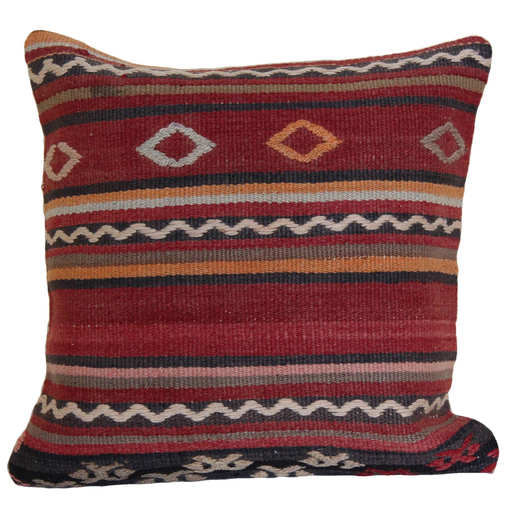 1970s-mediterranean-handmade-kilim-rug-pillow | Handmade Pillow Cover | 16x16 Inches | Decorative Wool Cotton Pillowcase for Sofa Decor