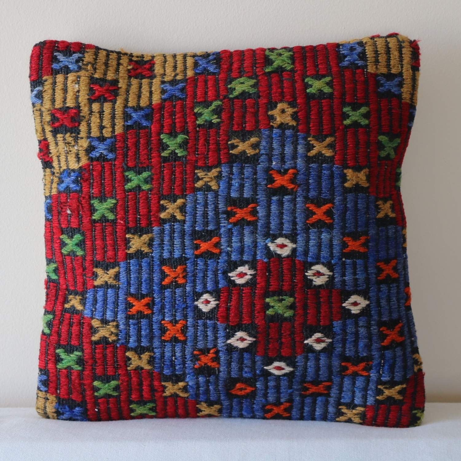 Handmade Turkish Kilim Pillow Cover: Vintage Wool Cotton, 16x16