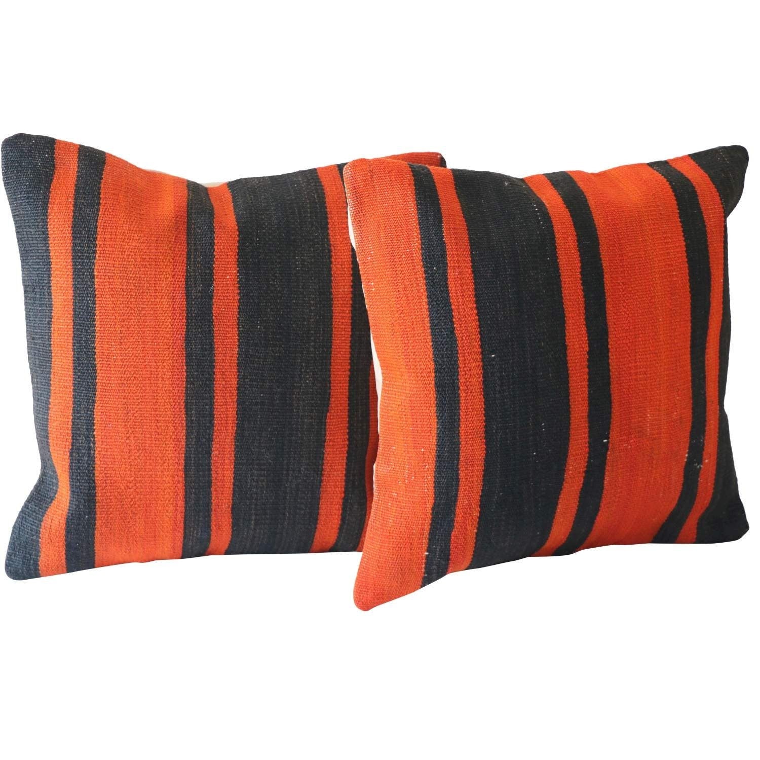Vintage Kilim Pillow Covers (Set of 2): Striped Wool Pillowcases 16x16