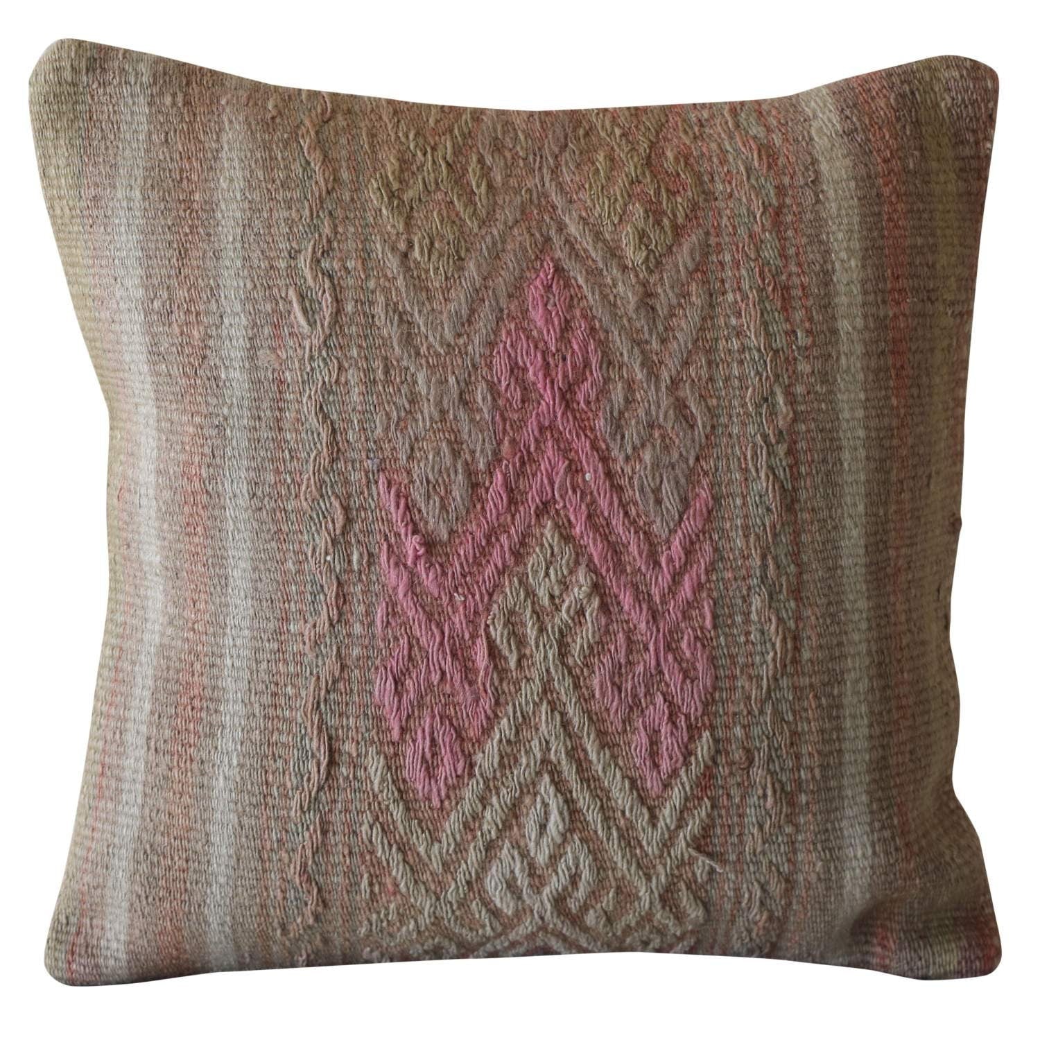 Vintage Turkish Kilim Pillow Cover: Faded Pink Wool, 16x16 Inches