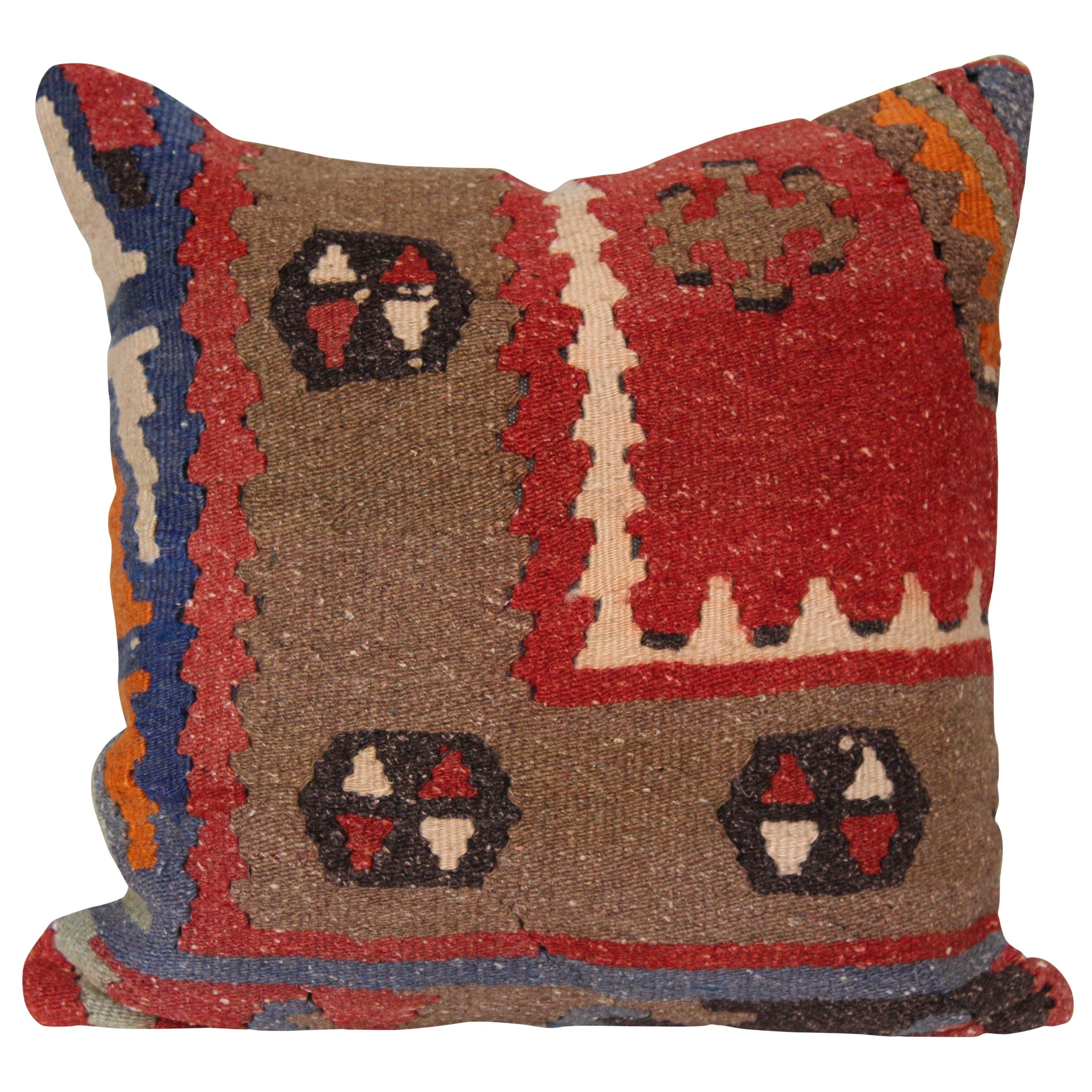 Square Turkish Kilim Pillow Cover: Vintage Wool, Handmade 16x16