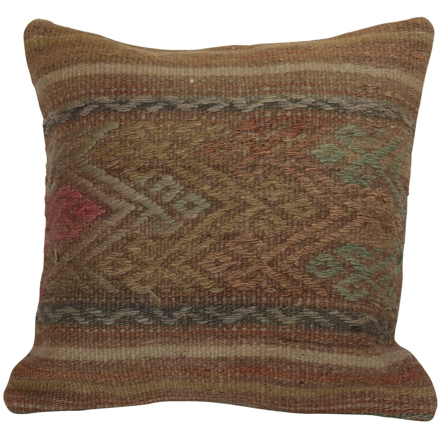 Vintage Kilim Pillow Cover: Handwoven Wool Turkish Pillowcase (16x16 Inches)
